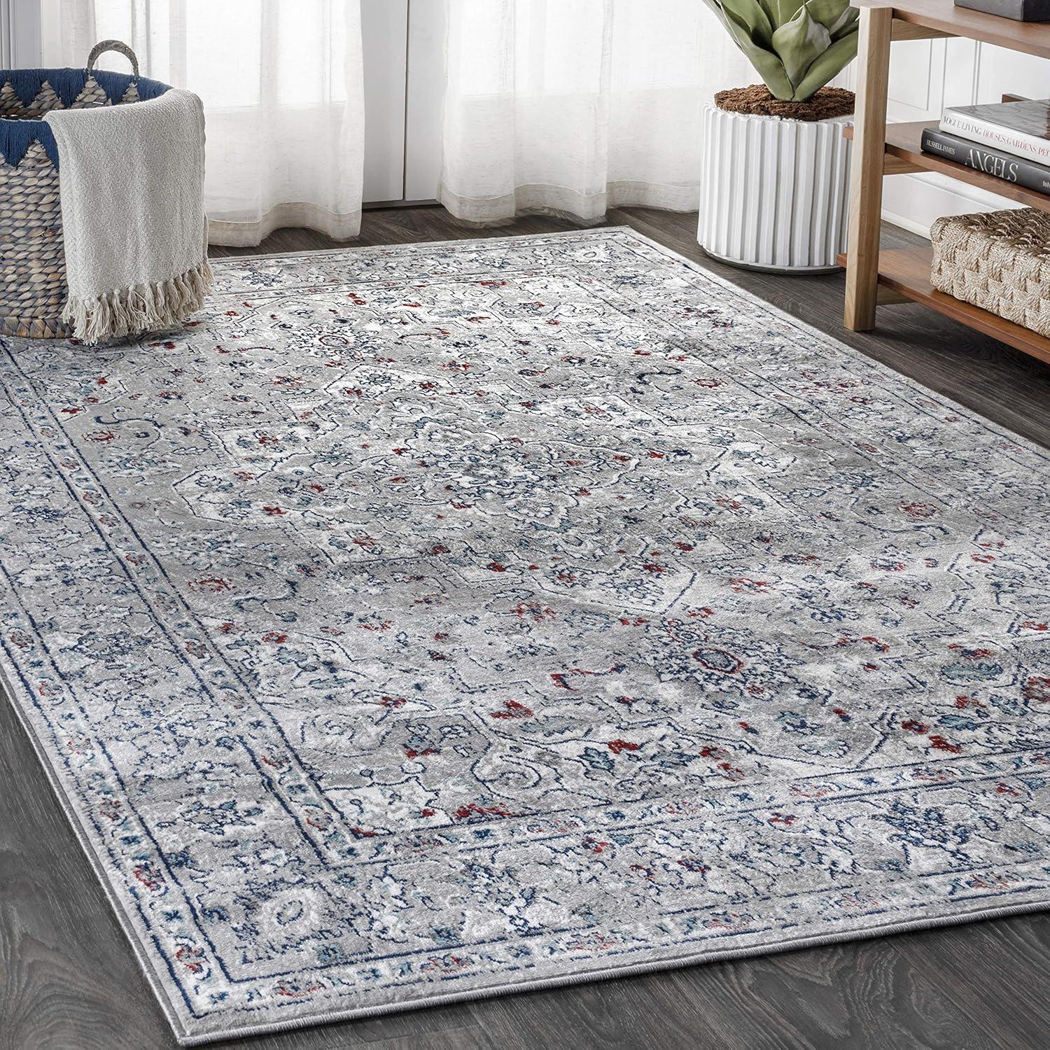 Plush Gray Medallion Synthetic 5x8 Area Rug with Stain-Resistant Feature