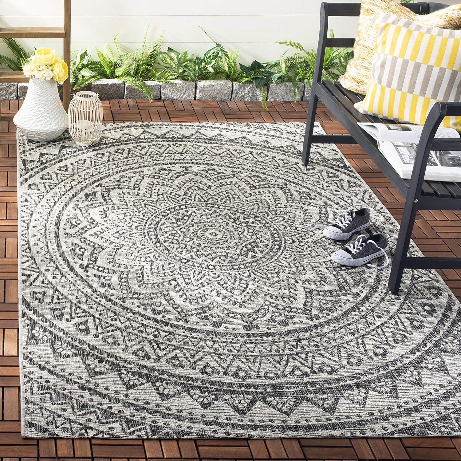 Courtyard CY8734 Power Loomed Indoor and Outdoor Area Rug - Light Grey/Black - 5'3"x5'3" - Safavieh
