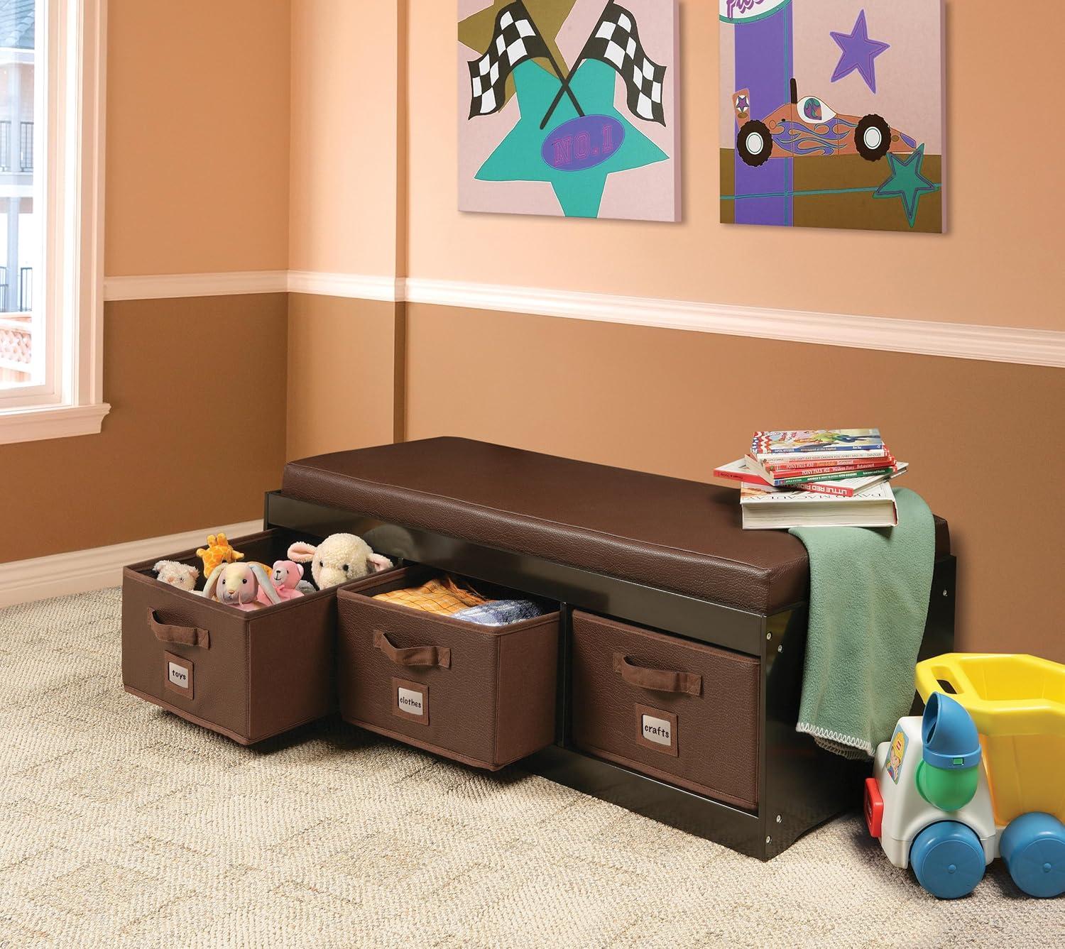 Badger Basket Kid's Storage Bench with Cushion and Three Bins - Espresso
