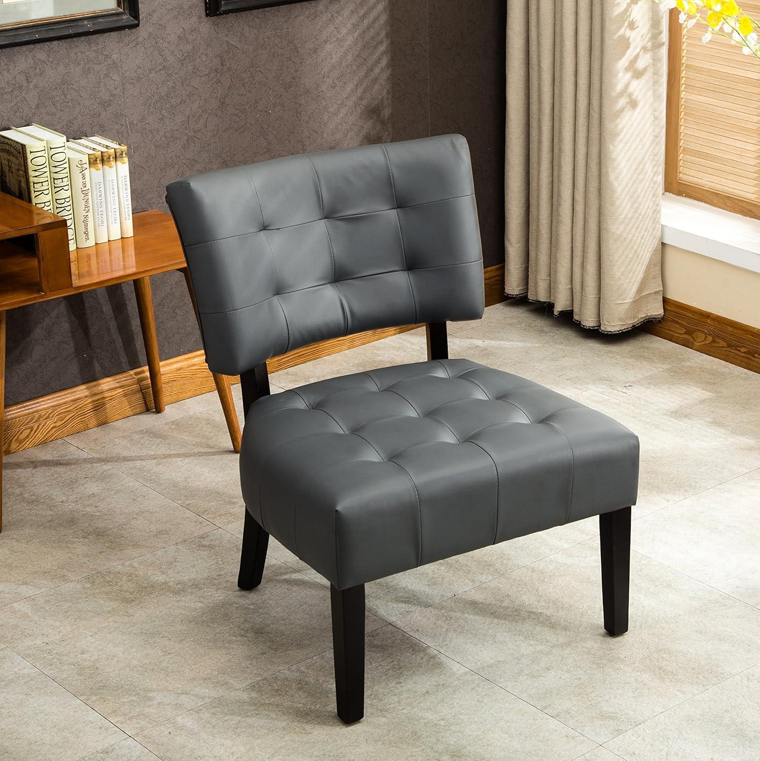 Mixed Leather Tufted Upholstered Chair with High Back and Oversized Seat, 27 "W x 31 "D x 34 "H, Modern Armless Lounge Chair for Living Room, Bedroom, Office, Gray