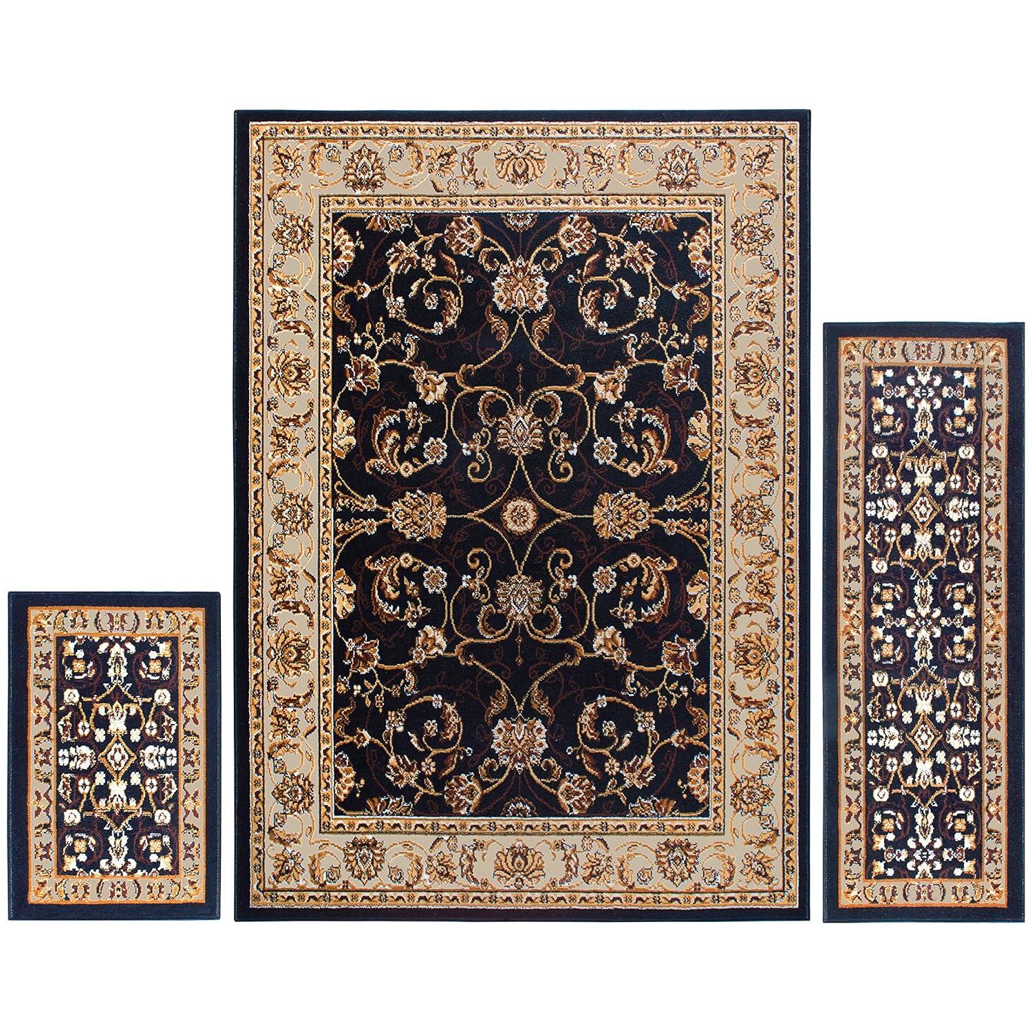 Home Dynamix Ariana Badah Damask Border Area Rug, Black/Ivory, 3-Piece Set
