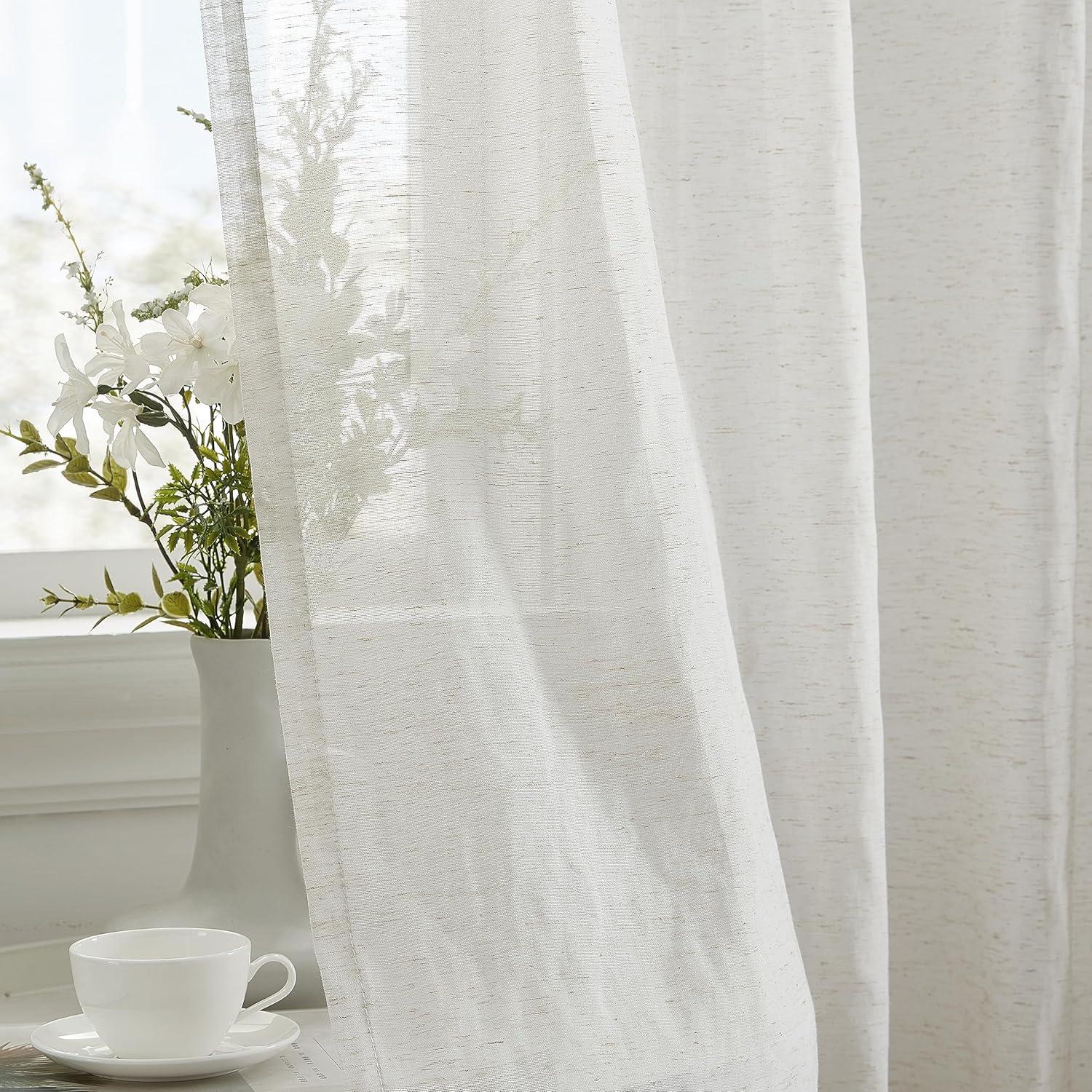 THD Natalie Faux Linen Semi Sheer Privacy Sun Light Filtering Grommet Window Panels, Pair