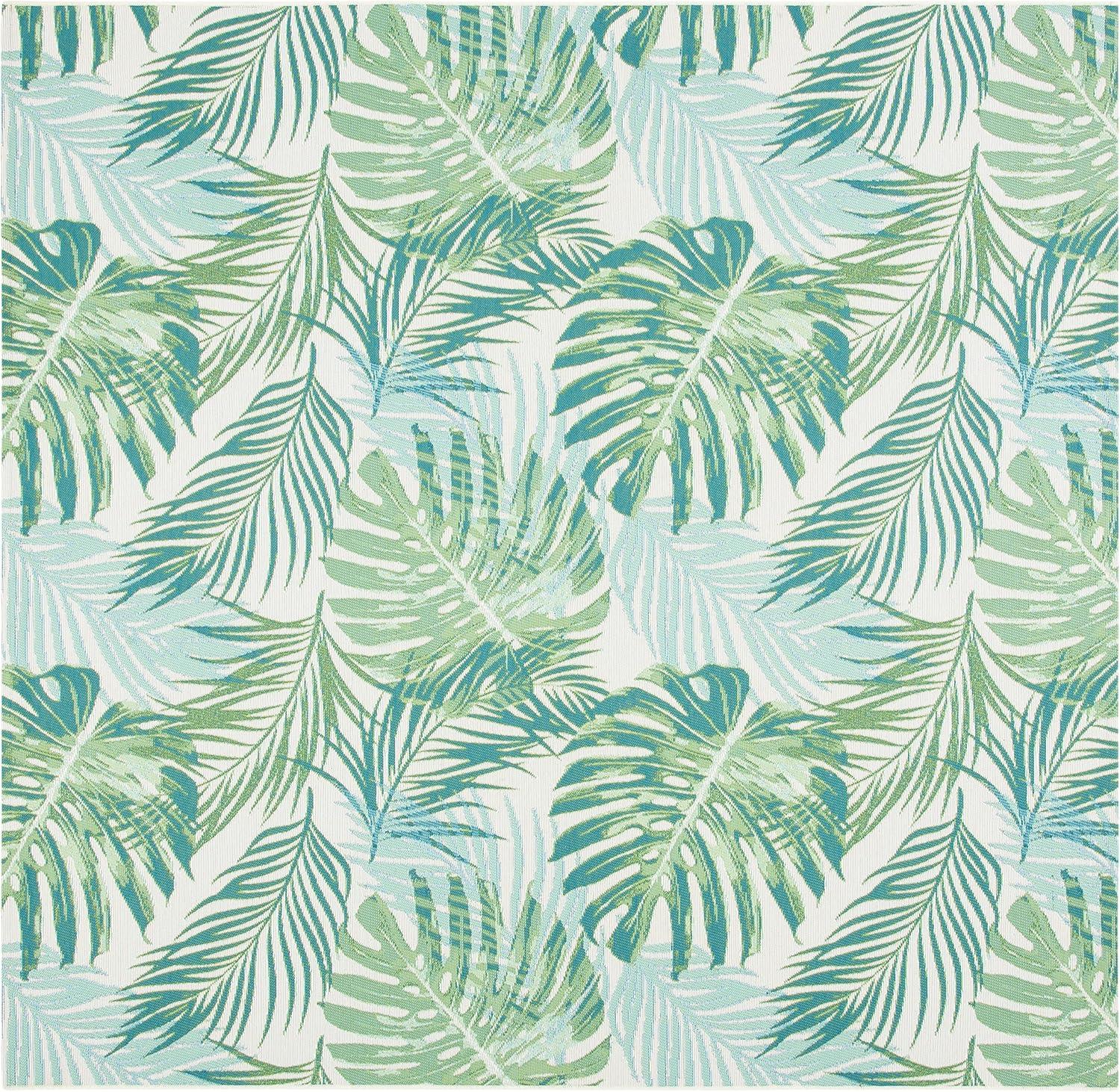 Barbados Green and Teal Tropical Botanical Square Indoor/Outdoor Rug