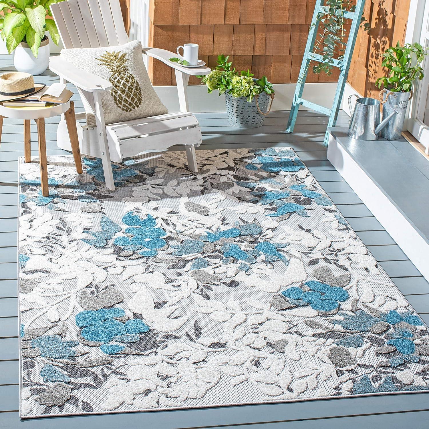 Beige and Blue Floral Synthetic 9' x 12' Area Rug