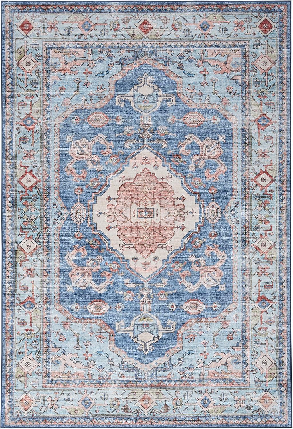 Nourison Fulton Bordered Medallion Non-Slip Flatwoven Indoor Rug Blue 5' x 7'