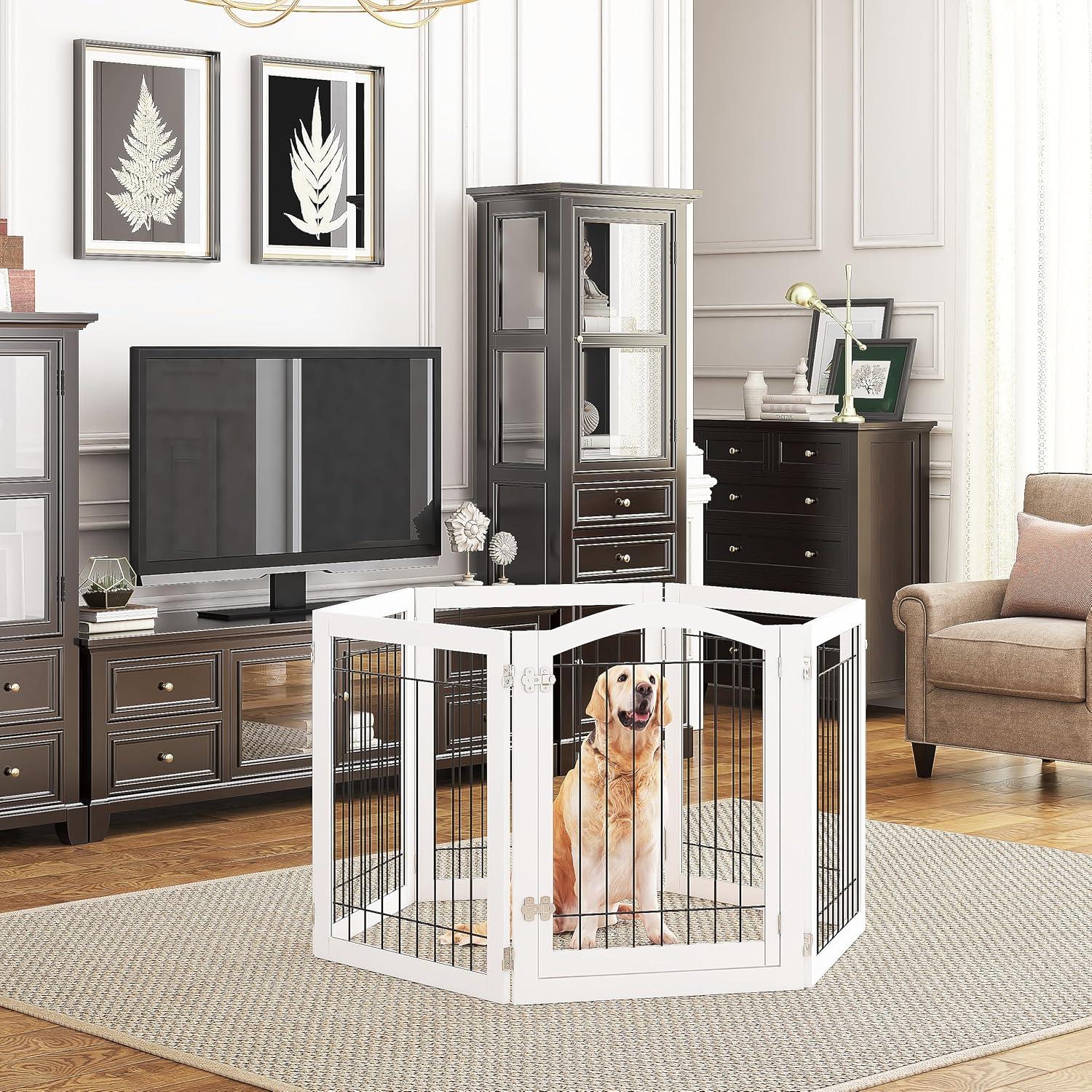 144-Inch White Solid Wood Freestanding Pet Gate with Door