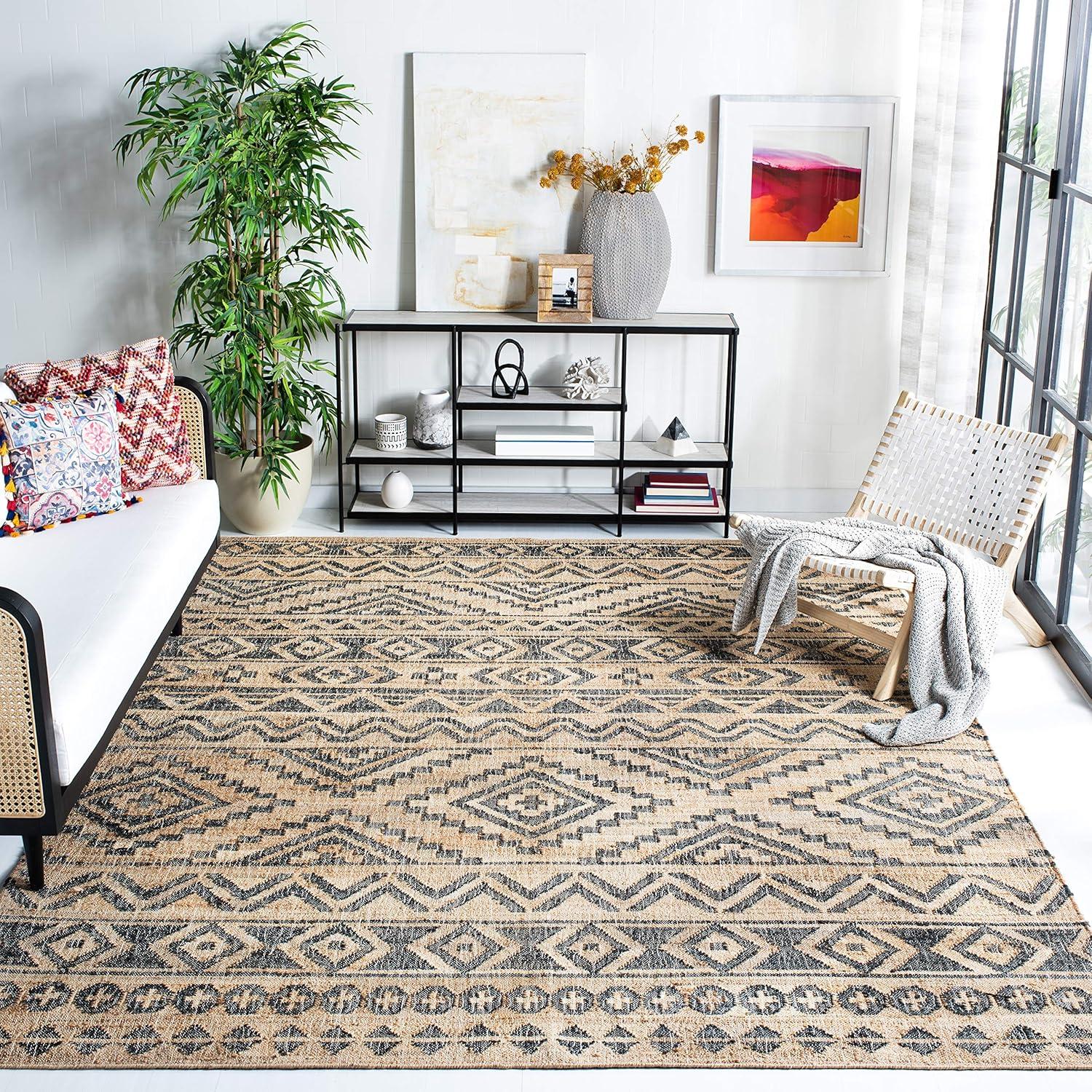 SAFAVIEH Kilim Jaylee Geometric Aztec Area Rug, Natural/Charcoal, 9' x 12'