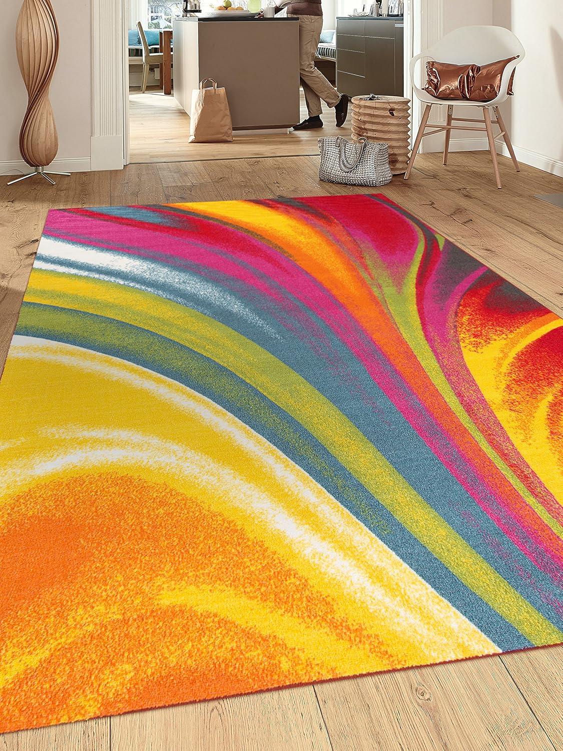 World Rug Gallery Modern Contemporary Waves Multicolored Non-slip (Non-skid) Area Rug