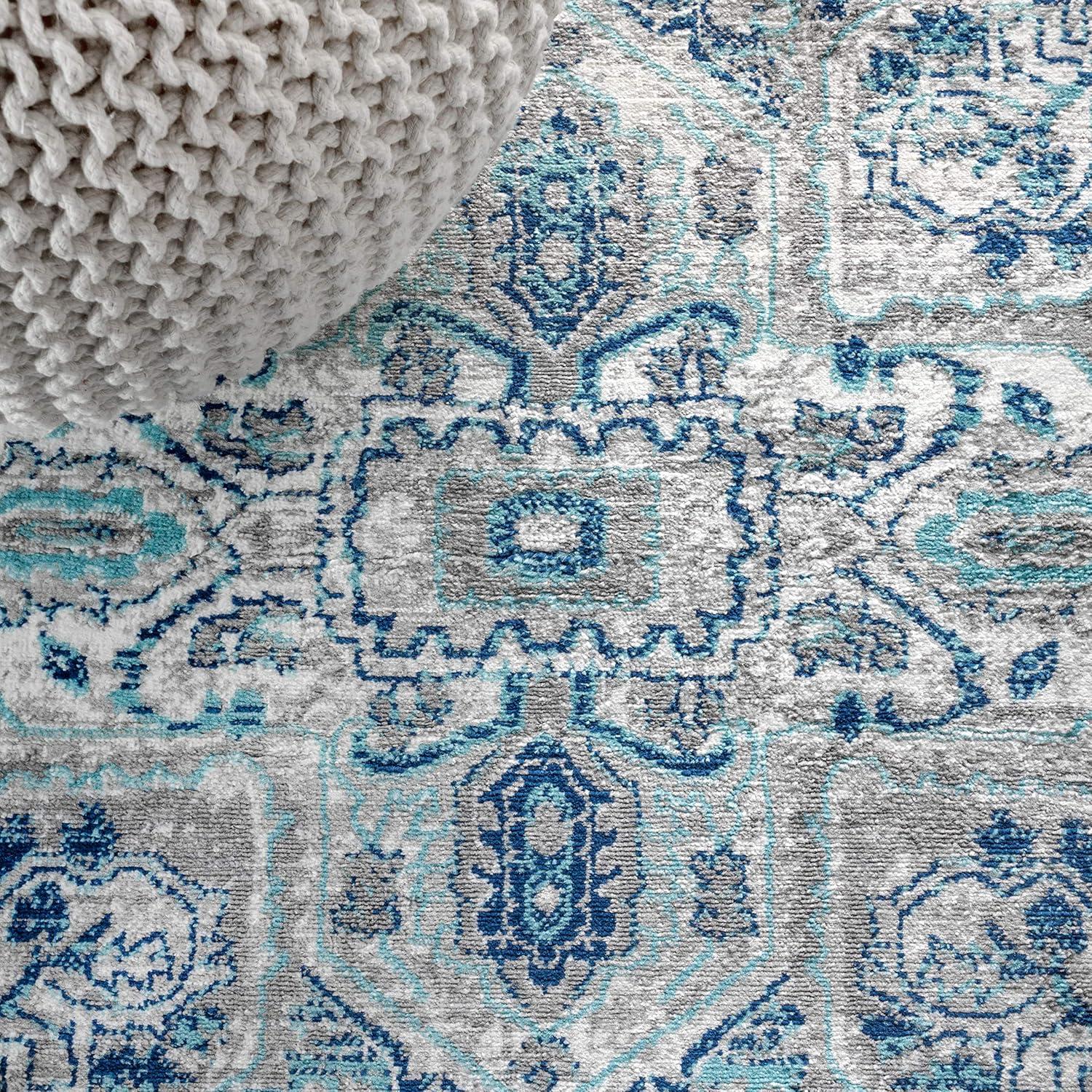6' round Modern Persian Vintage Medallion Area Rug, Light Grey/Blue - JONATHAN Y