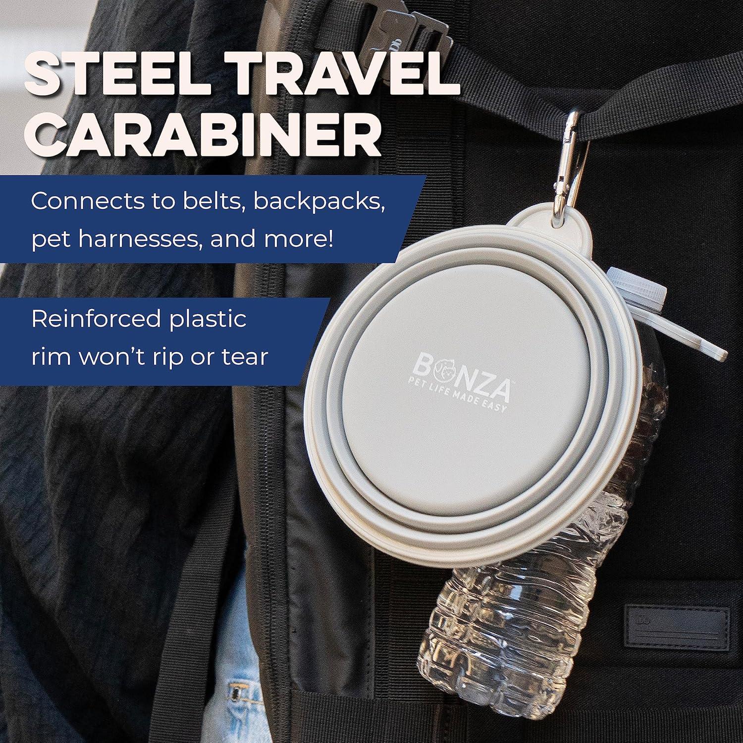 Bonza by Leash Boss Small Collapsible Dog Bowl, Sturdy Reinforced Rim, Includes Carabiner & Water Bottle Holder Keychain, Black