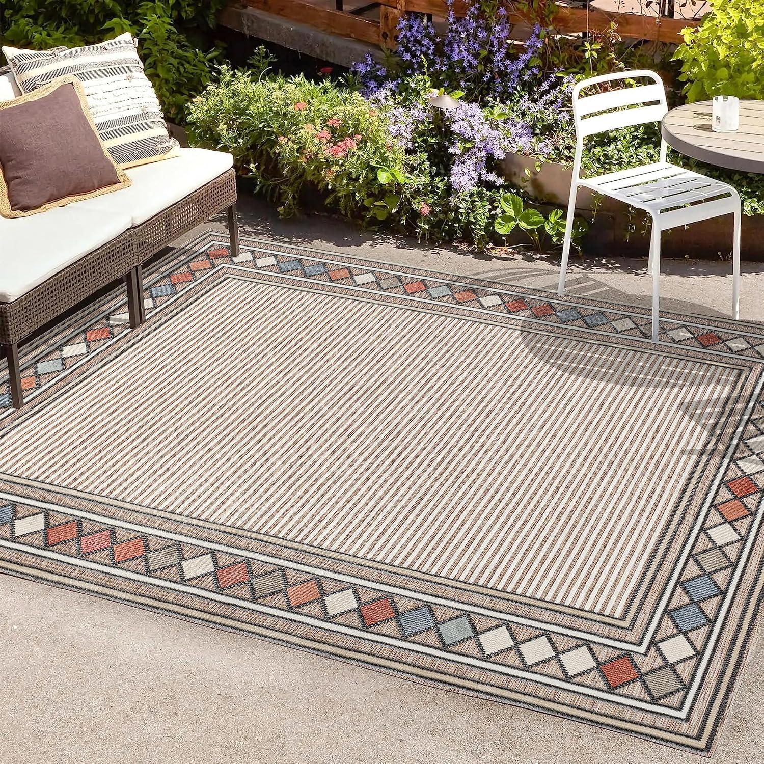 JONATHAN Y Sebastian High-Low Modern Diamond Border Brown/Ivory 3 ft. x 5 ft. Indoor/Outdoor Area Rug