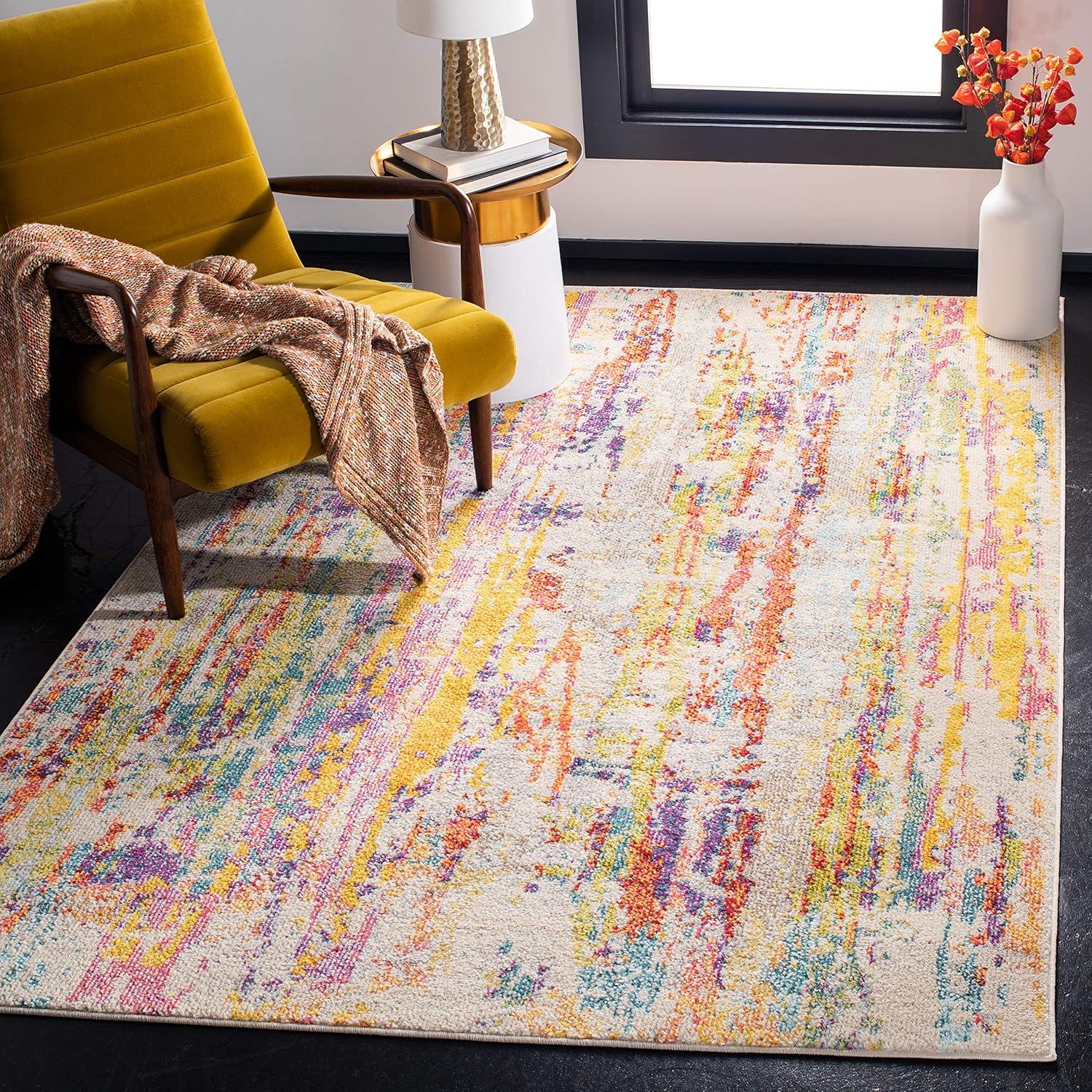 Beige and Yellow Abstract 9' x 12' Stain-Resistant Rug