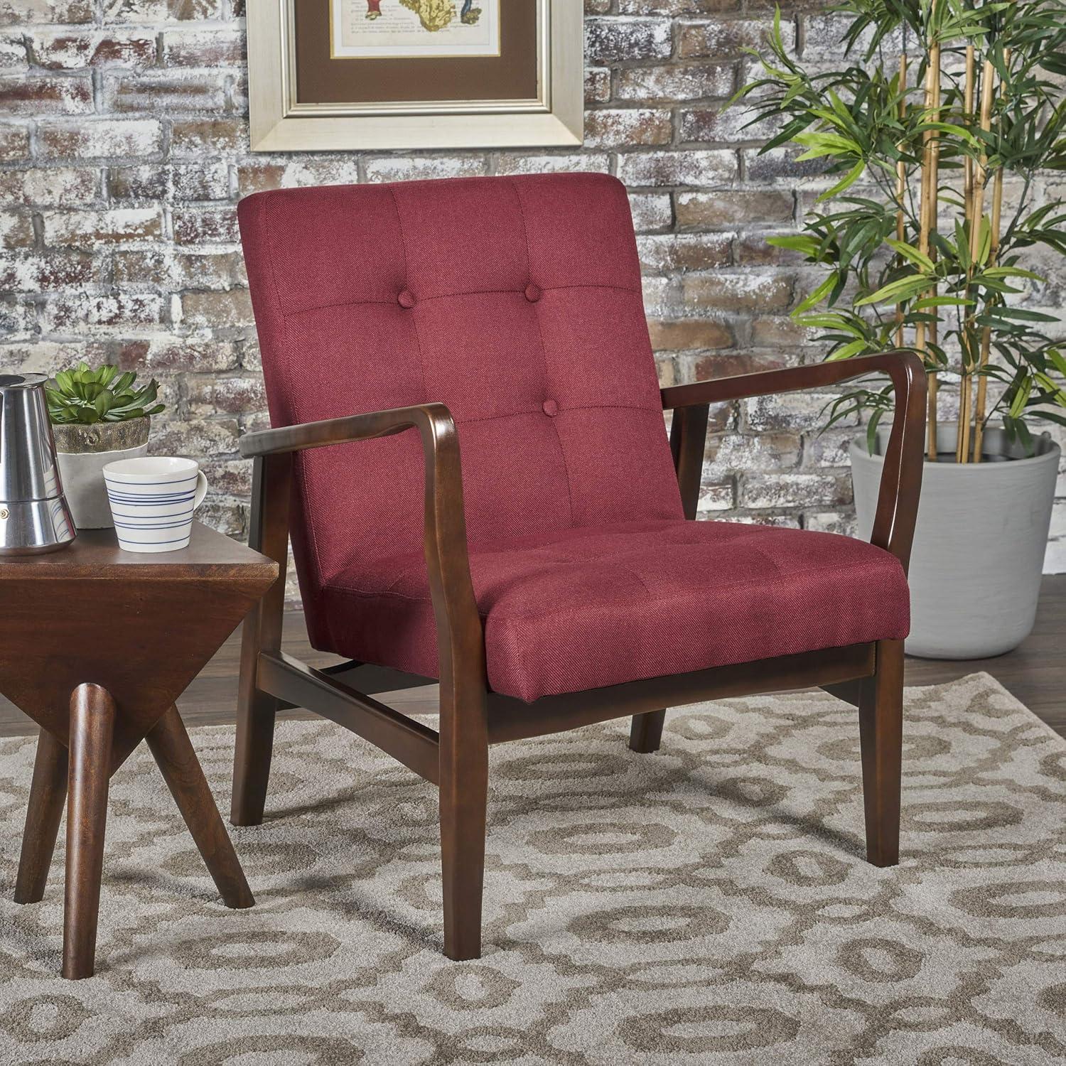 Mid-Century Modern Deep Red Wood Frame Club Chair with Arm Rest