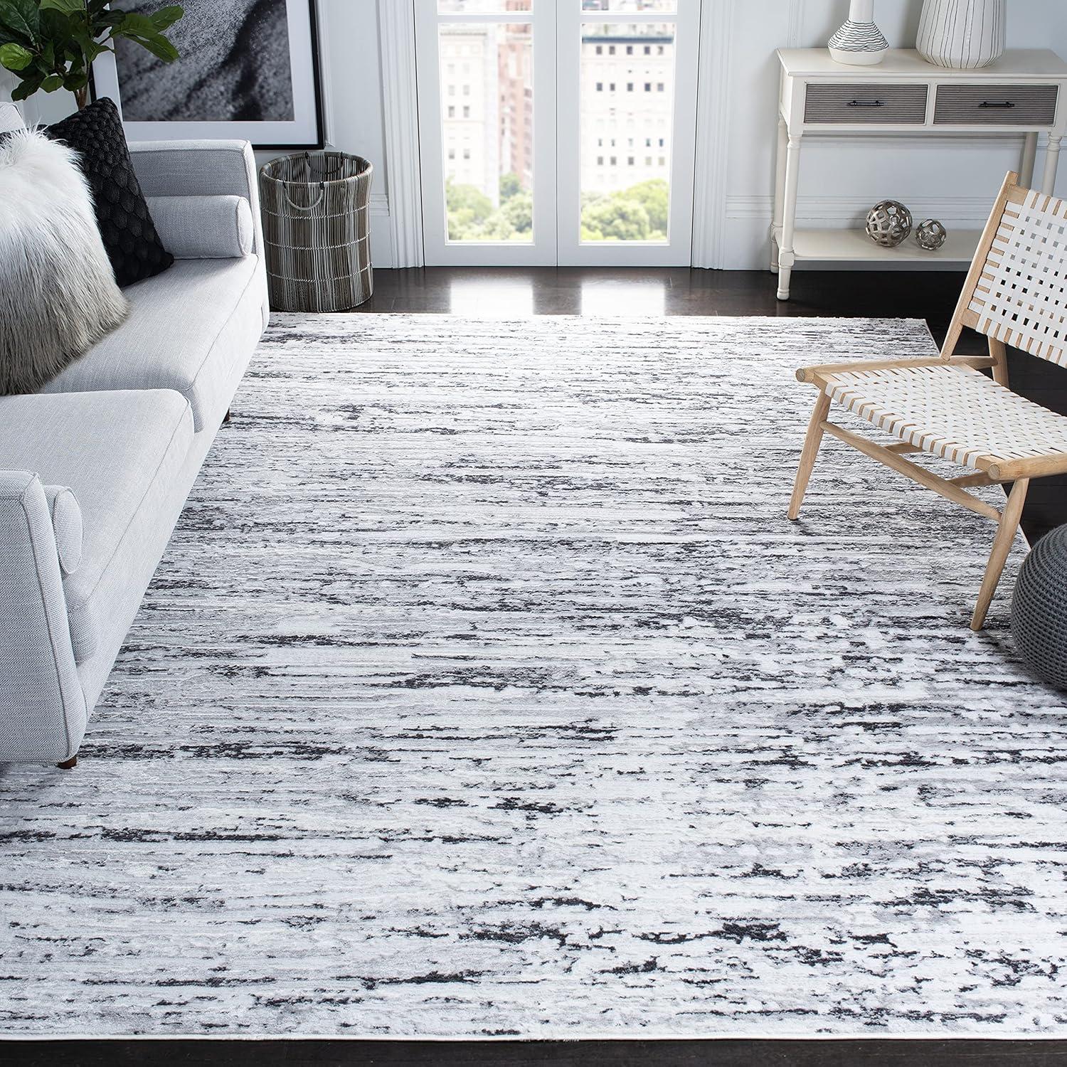 Contemporary Light Grey & Charcoal Synthetic 10' x 14' Area Rug