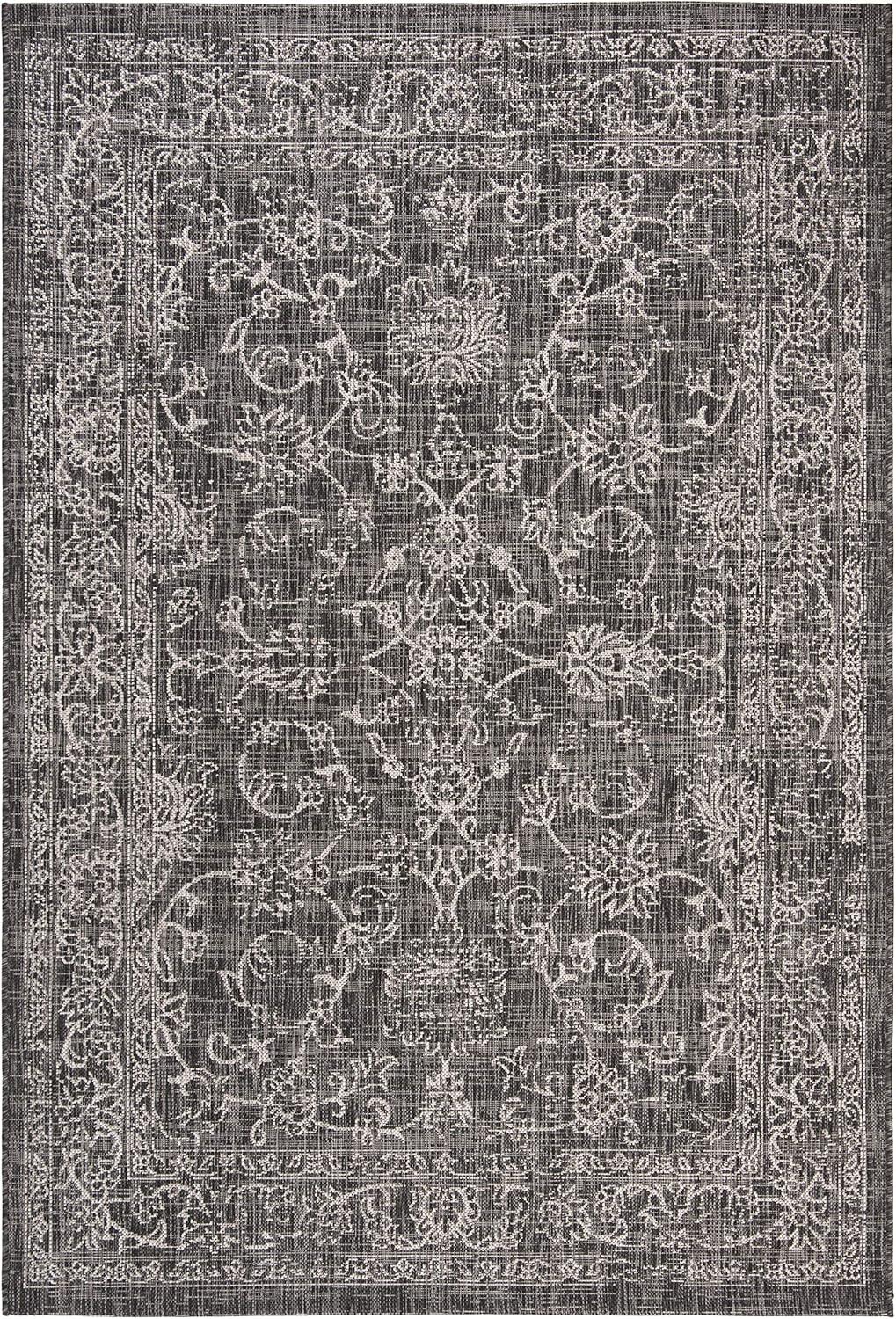 SAFAVIEH Courtyard Darin Traditional Indoor/Outdoor Area Rug, 4' x 5'7", Black/Ivory