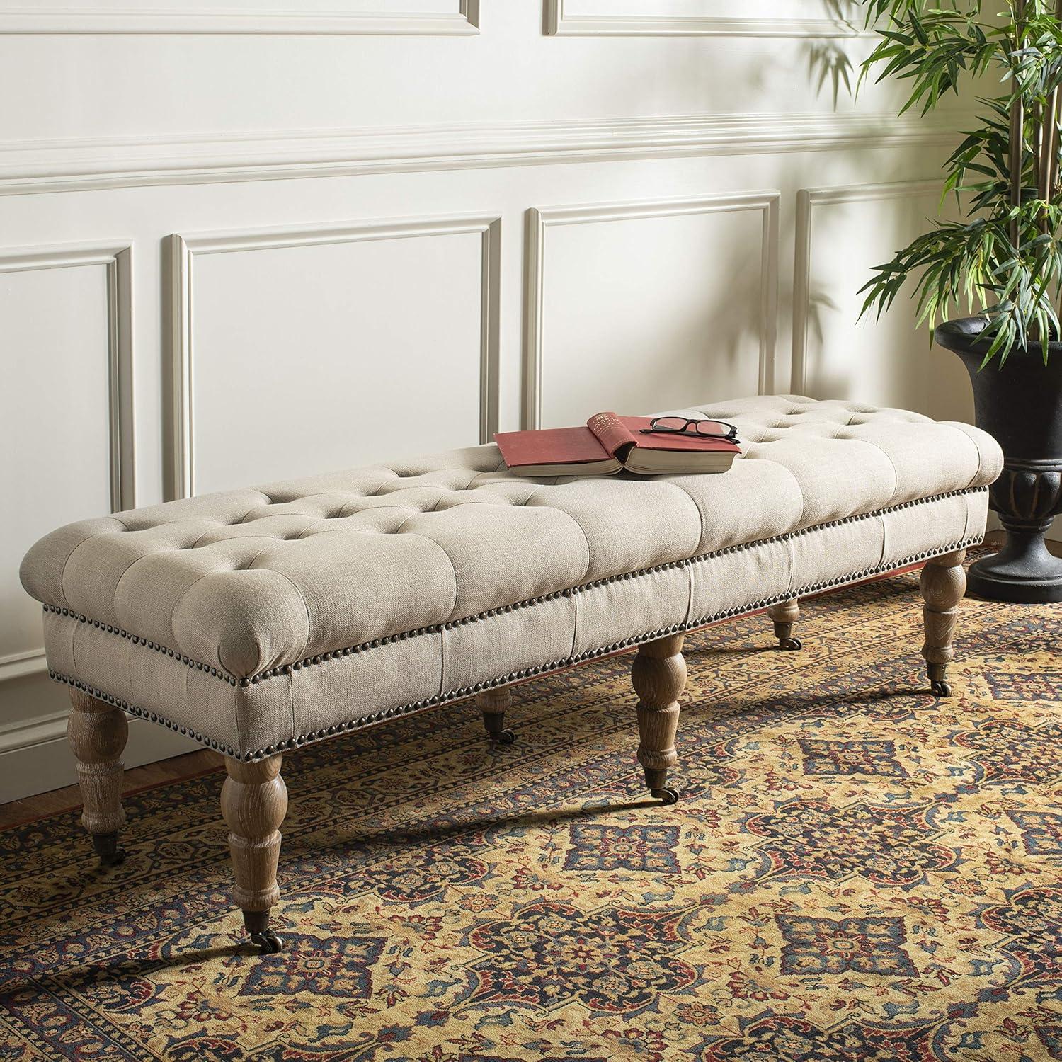 Taupe Linen-Poly Blend Bench with Turned Oak Legs