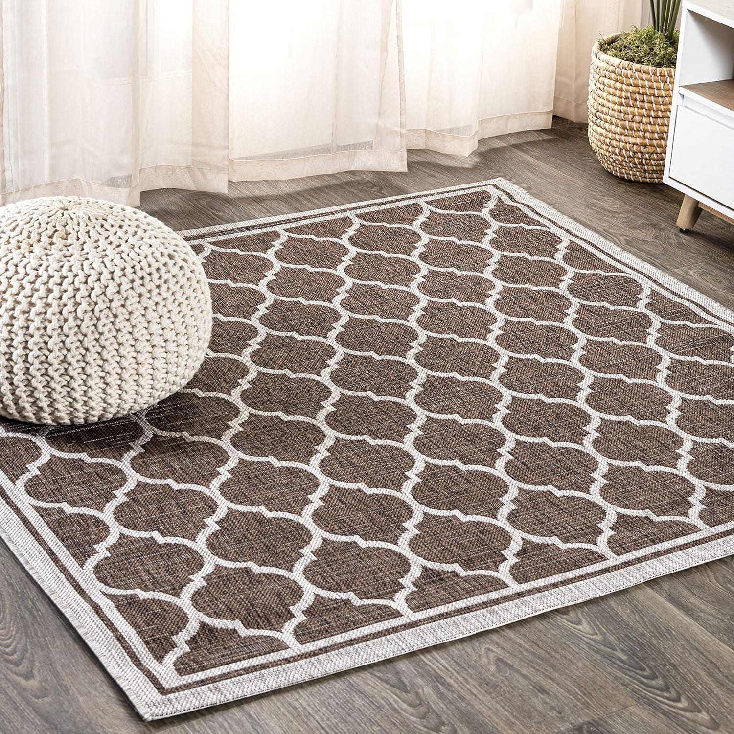 5' Square Trebol Moroccan Trellis Textured Weave Indoor/Outdoor Area Rug, Espresso/Taupe - JONATHAN Y