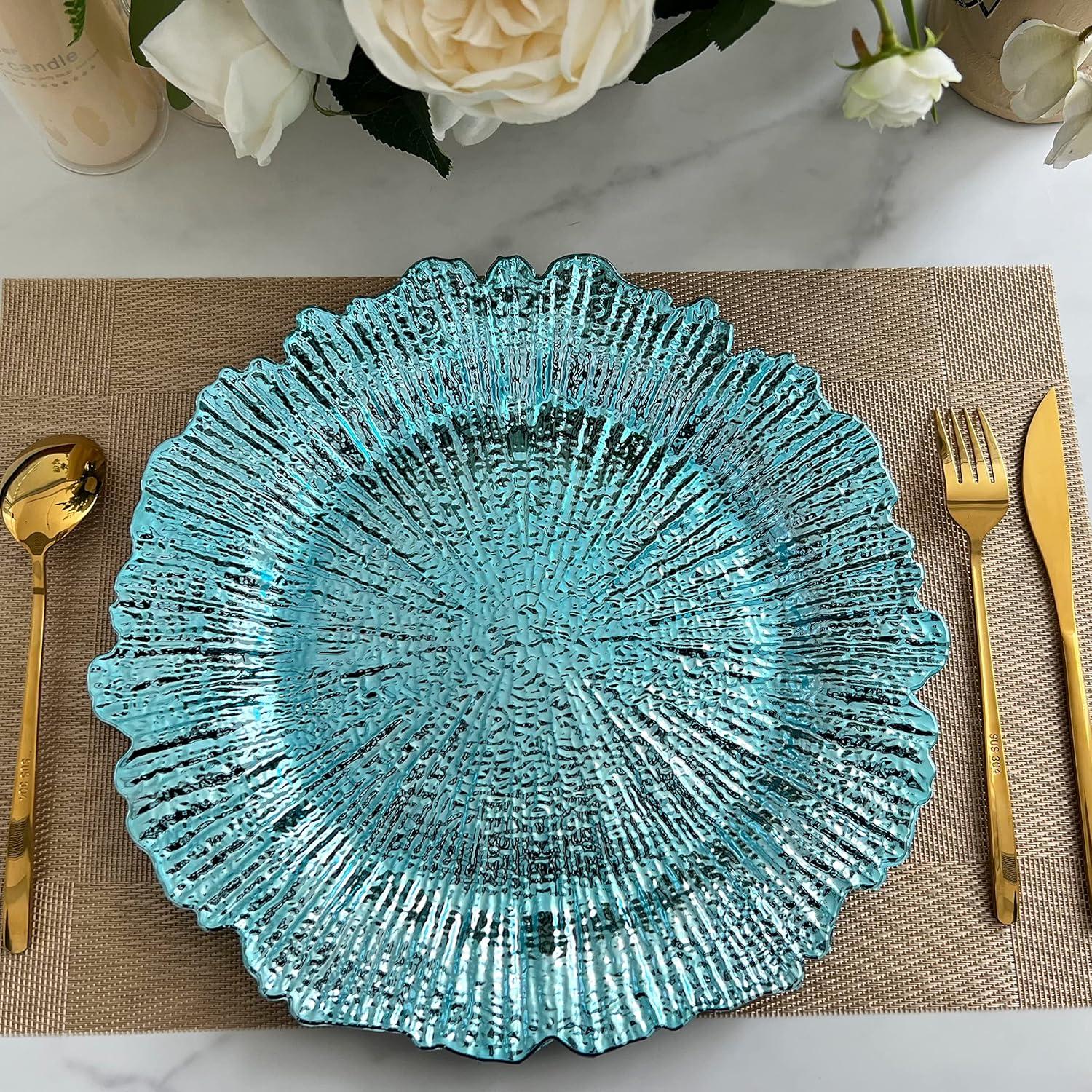13 Inch Light Blue Charger Plates, Round Plastic Reef Plate Chargers for Dinner Plates, Wedding, Party Elegant Decoration Place Mats (24, Light Blue)