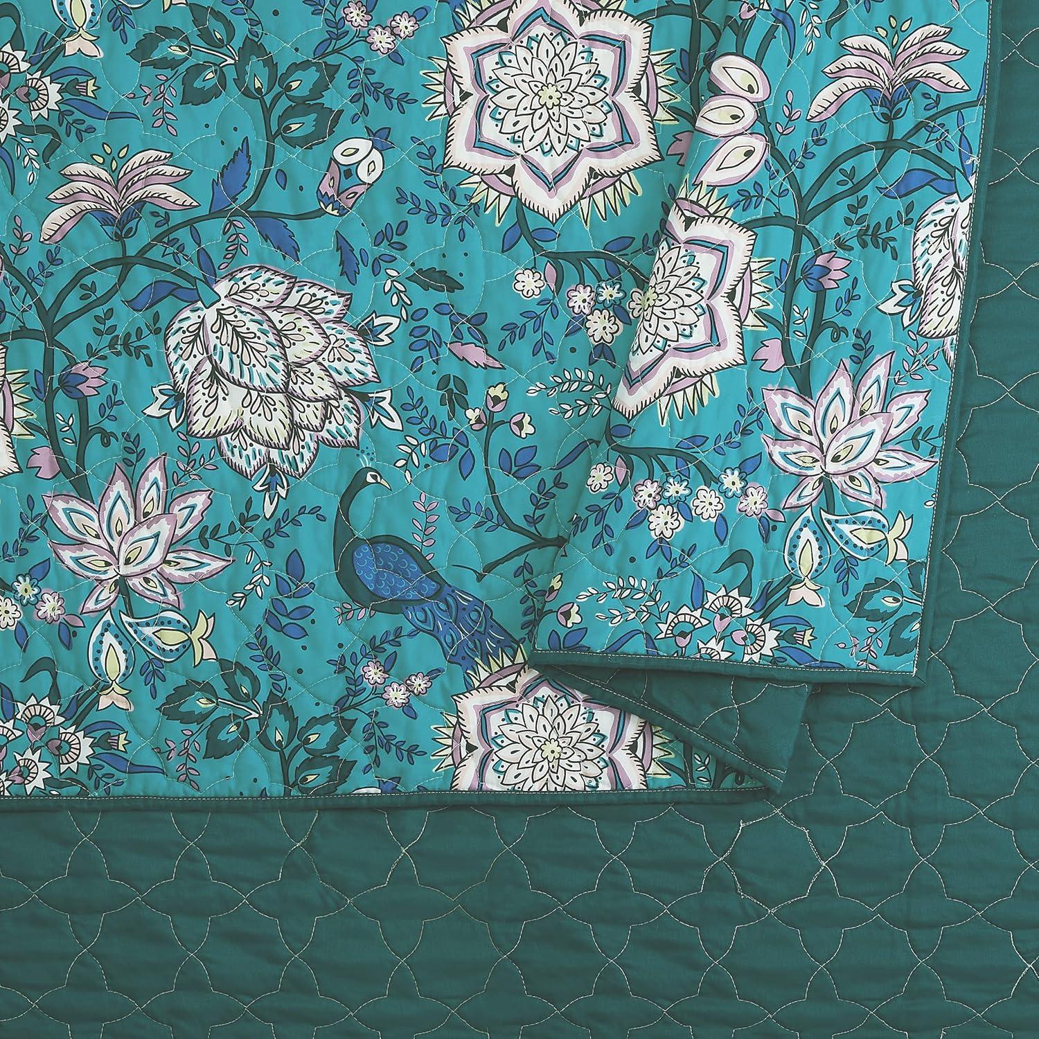 Peacock Garden Blue Microfiber Full Quilt Set