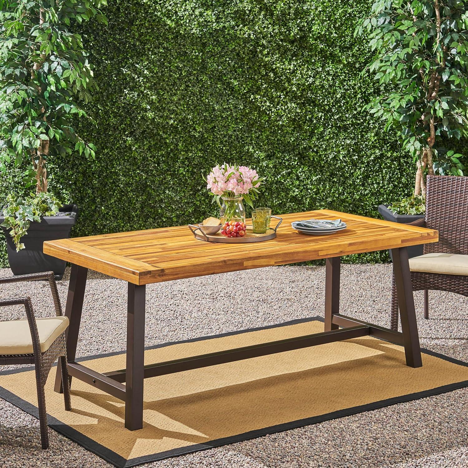 Carlie Sandblast Finish Acacia Wood Outdoor Dining Table with Metal Legs