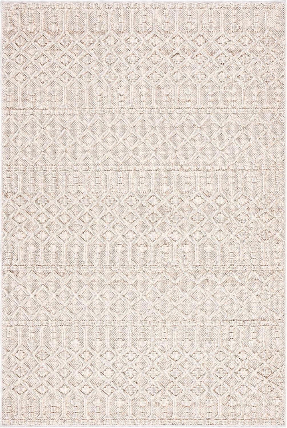 Beige and Ivory Geometric Washable Indoor/Outdoor Rug