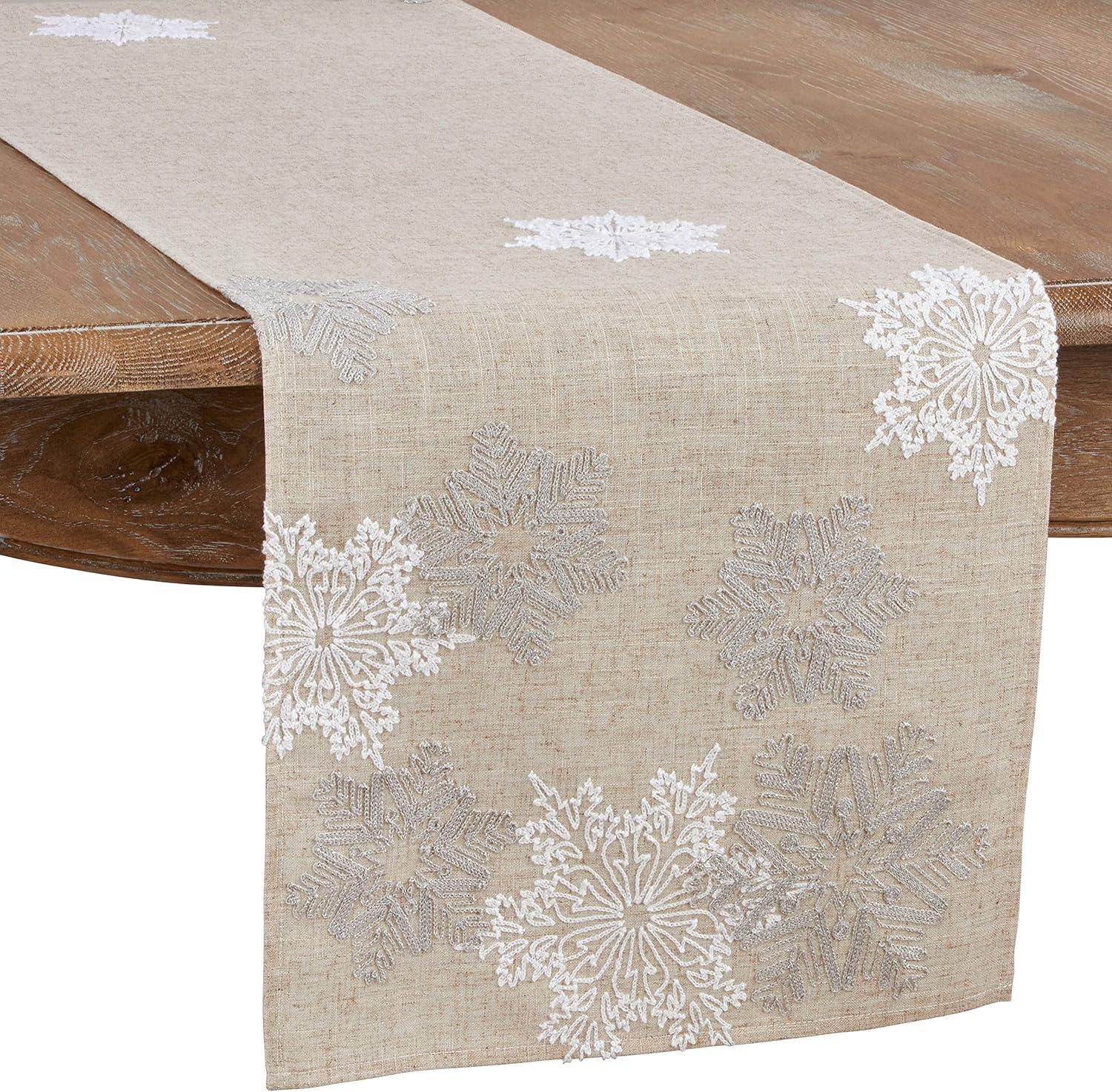 Natural Embroidered Snowflake Polyester Winter Table Runner