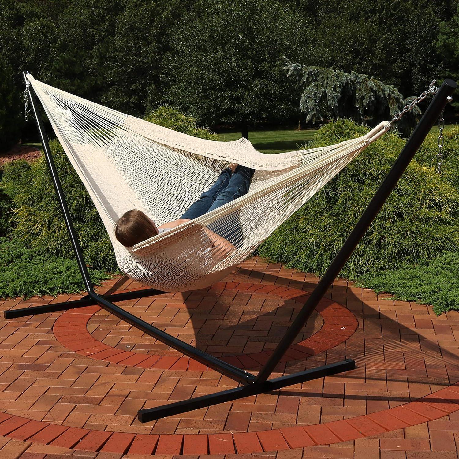 Sunnydaze Hand-Woven XXL Thick Cord Family Size Portable Mayan Hammock with Steel Stand -  400 lb Weight Capacity/15' Stand - Natural