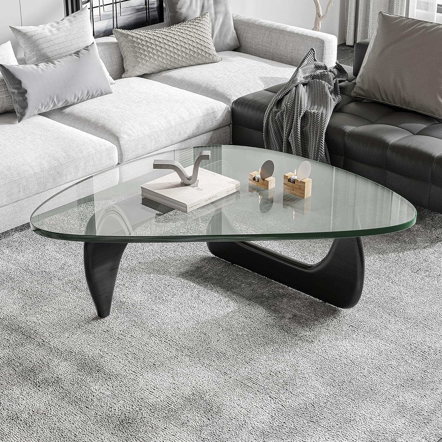 Elegant Black Triangle Glass Coffee Table with Solid Wood Base