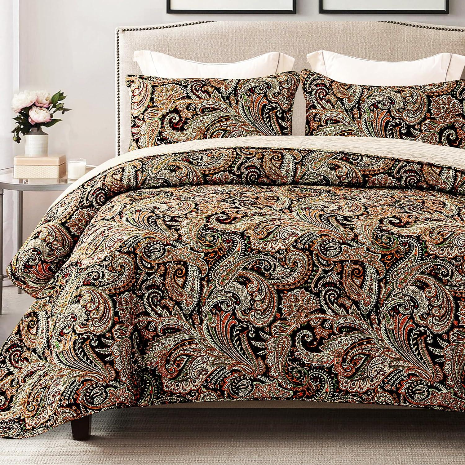 Exclusivo Mezcla 3-Piece Paisley King Size Comforter Set, Microfiber Bedding Down Alternative Comforter for All Seasons with 2 Pillow Shams, Black and Camel