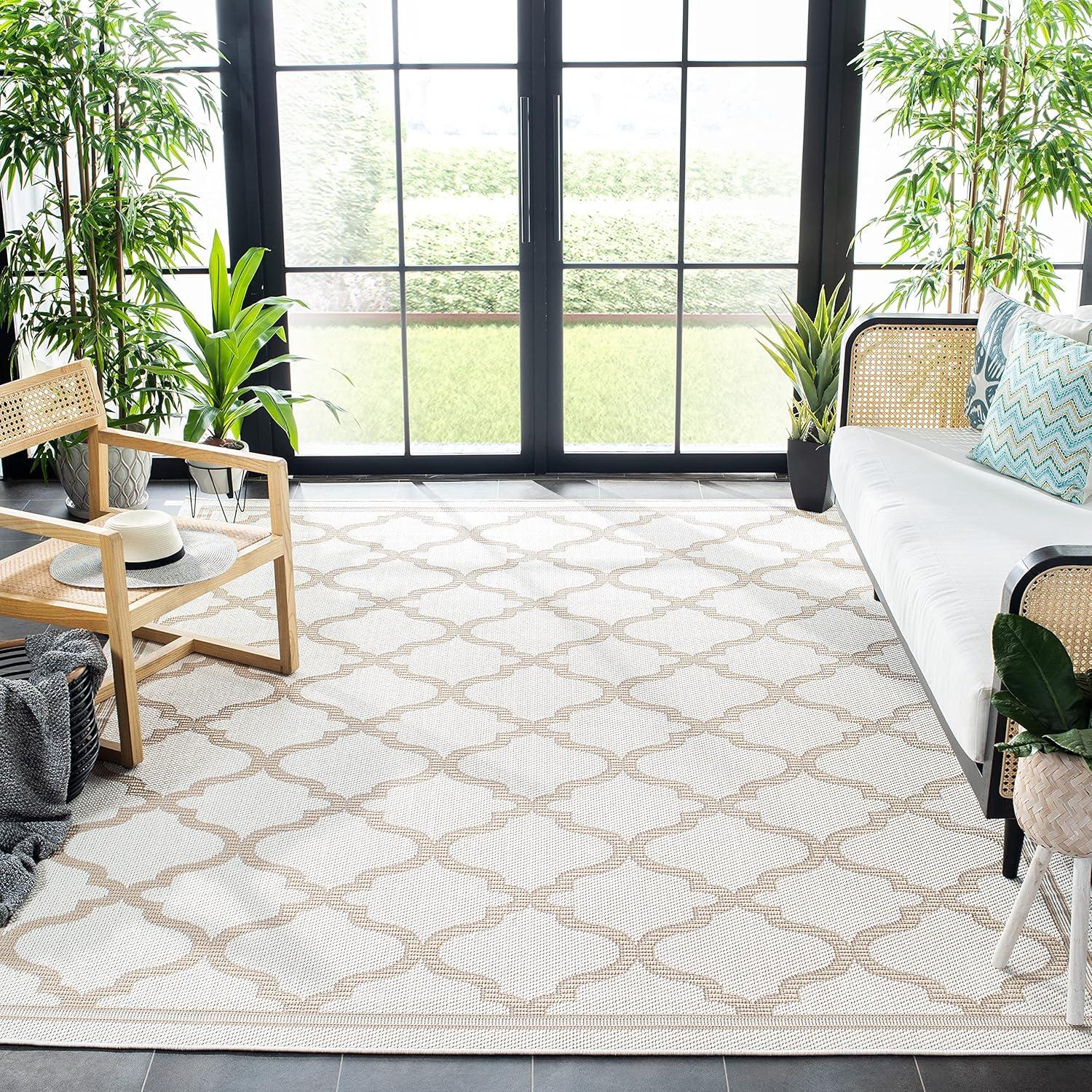 SAFAVIEH Bermuda Corie Geometric Quatrefoil Indoor/Outdoor Area Rug Ivory/Beige, 6'7" x 6'7" Square