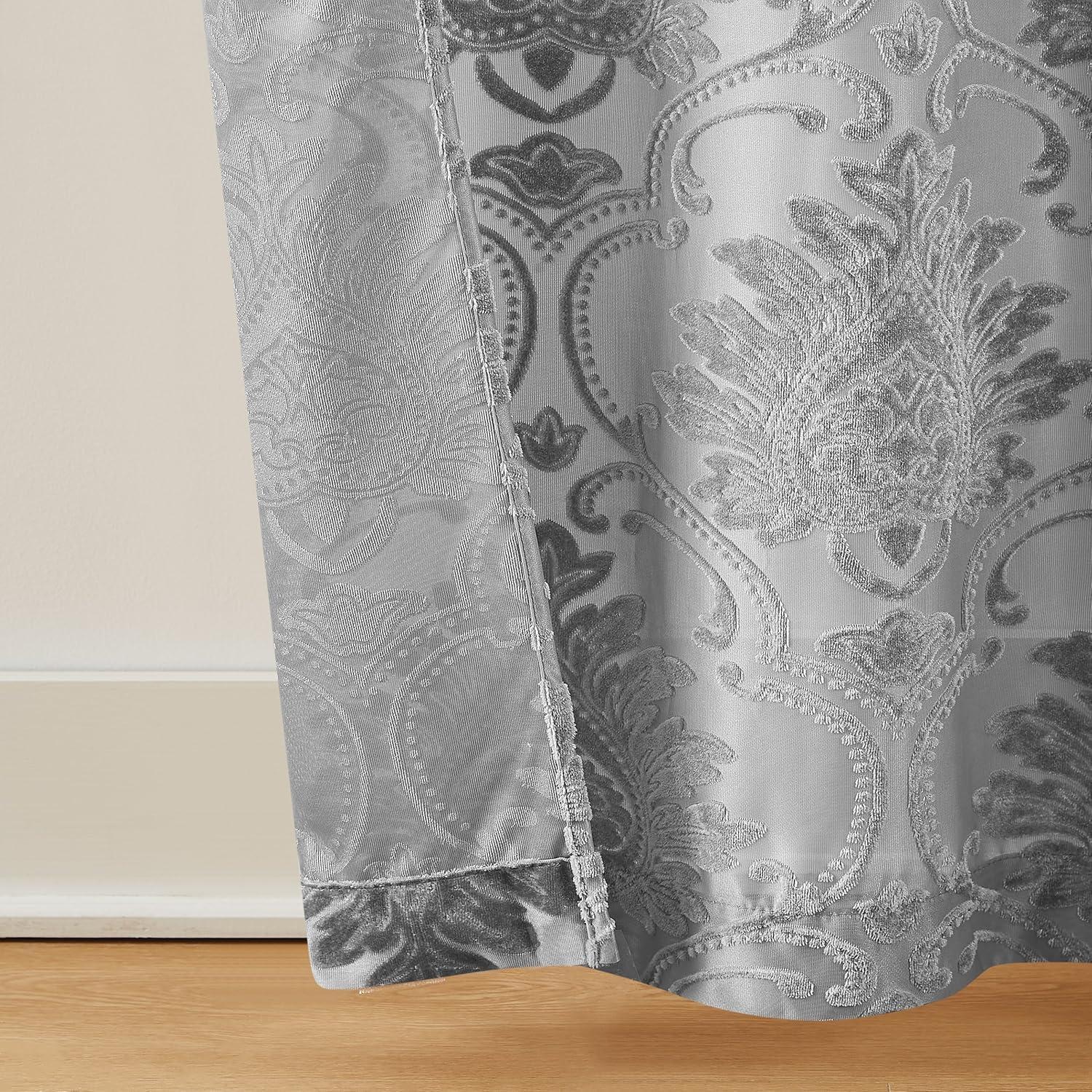 Silver Sheer Velvet Floral Grommet Window Panels