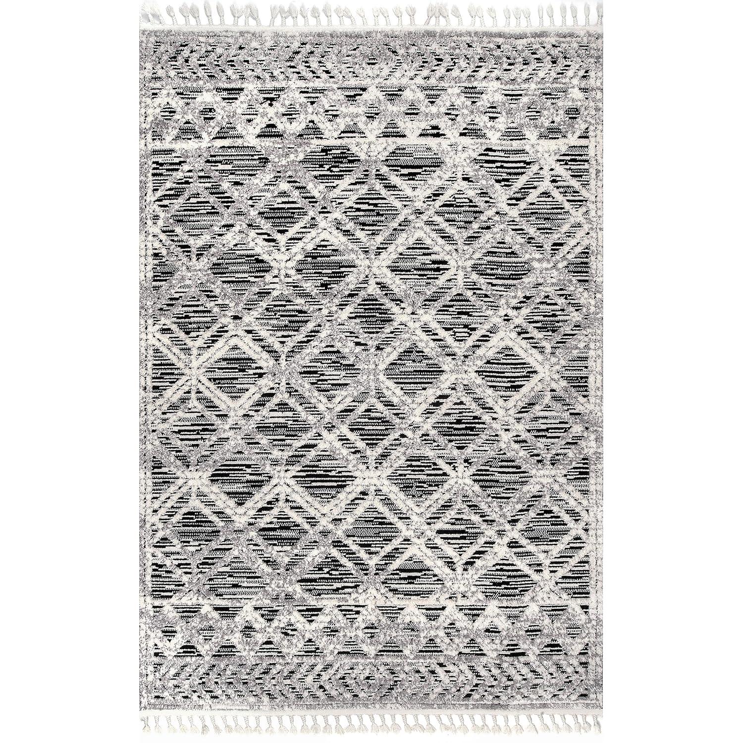 Nuloom 8x11 Ansley Moroccan Tassel Indoor Area Rug, Grey, High-Low Textured Bohemian Design, Plush High Pile, Stain Resistant, Bedroom, Living Room