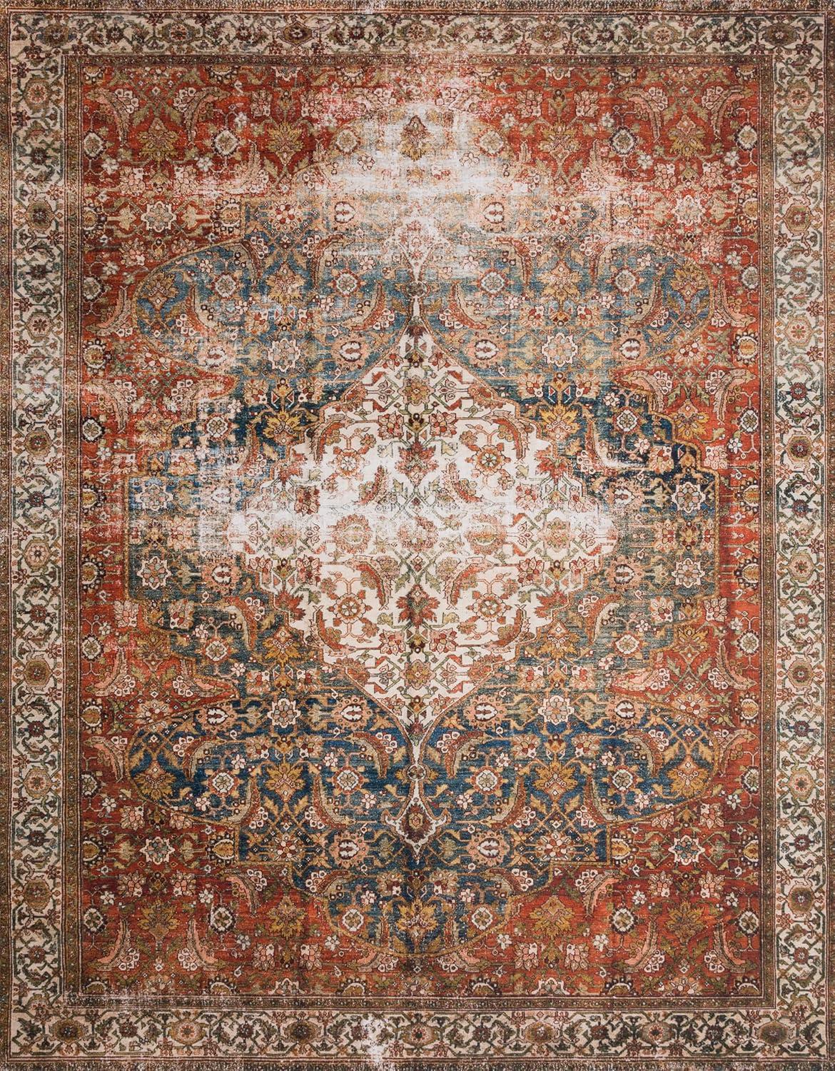 Loloi Layla Collection LAY-05 Ocean/Multi 5'-0" x 7'-6" .13" Thick Area Rug, Soft, Durable, Vintage Inspired, Distressed, Low Pile, Non-Shedding, Easy Clean, Printed, Living Room Rug