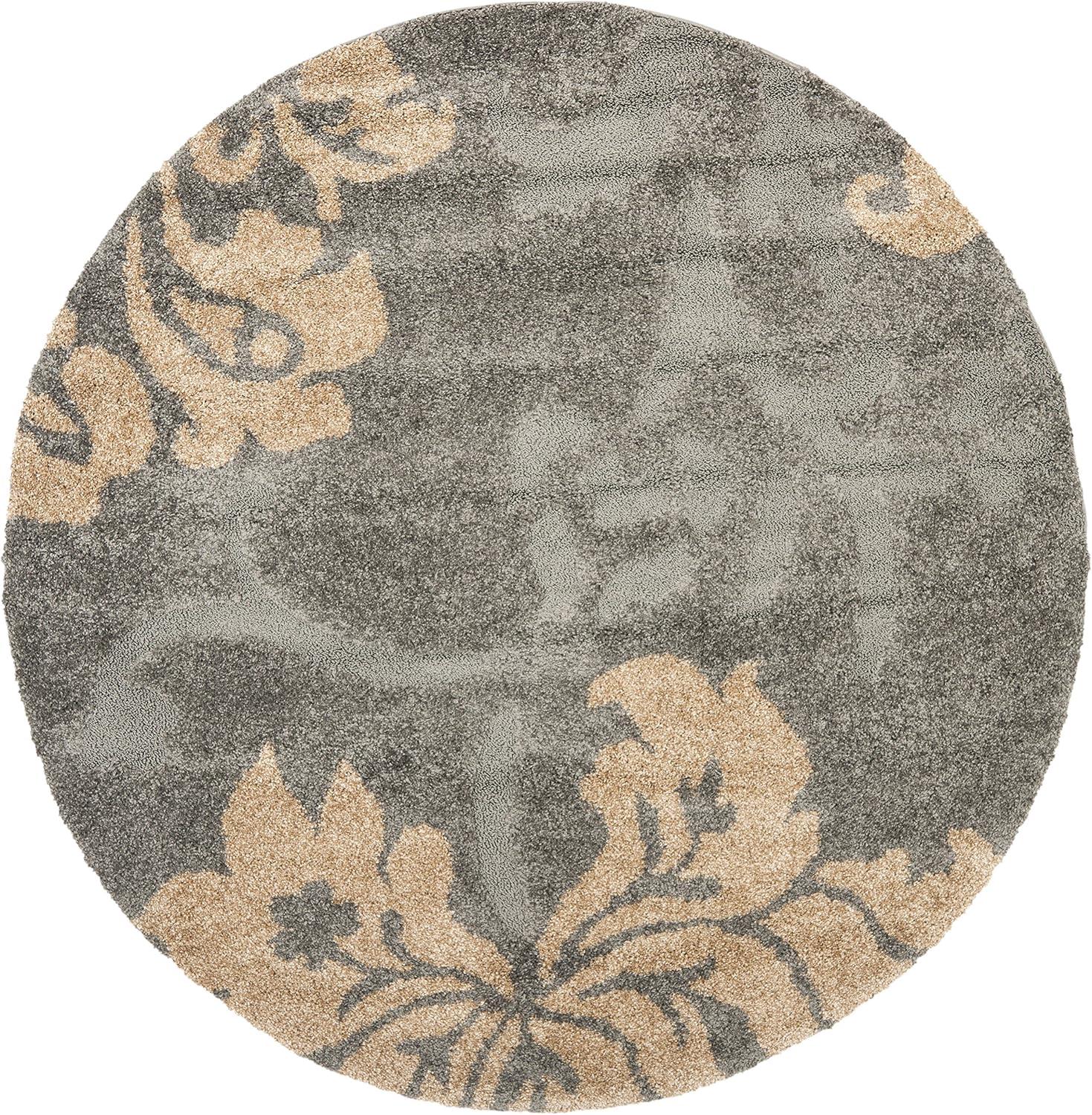 Grey and Beige Round Floral Shag Area Rug