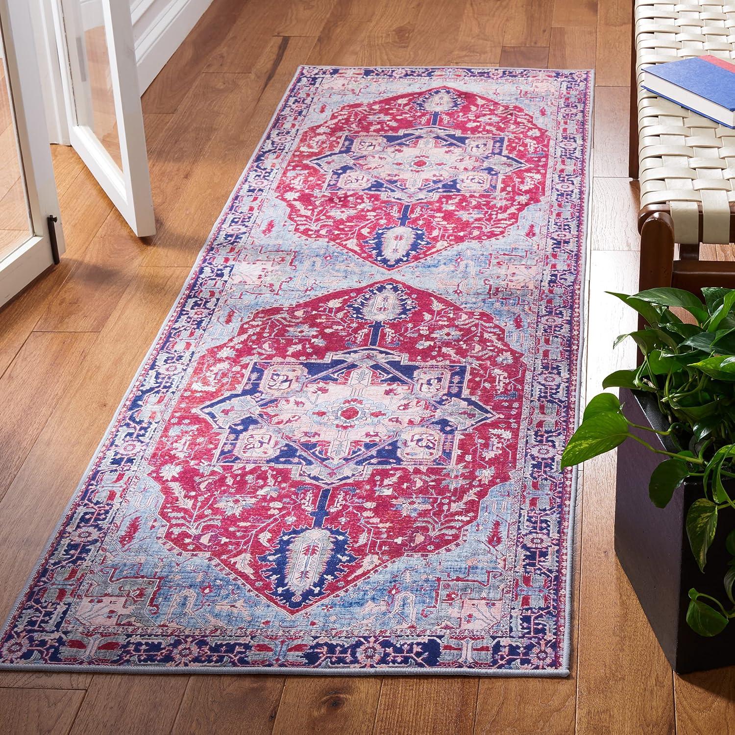 Tucson TSN108 Power Loomed Machine Washable Runner Rug - Red/Navy - 2'6"x10' - Safavieh.