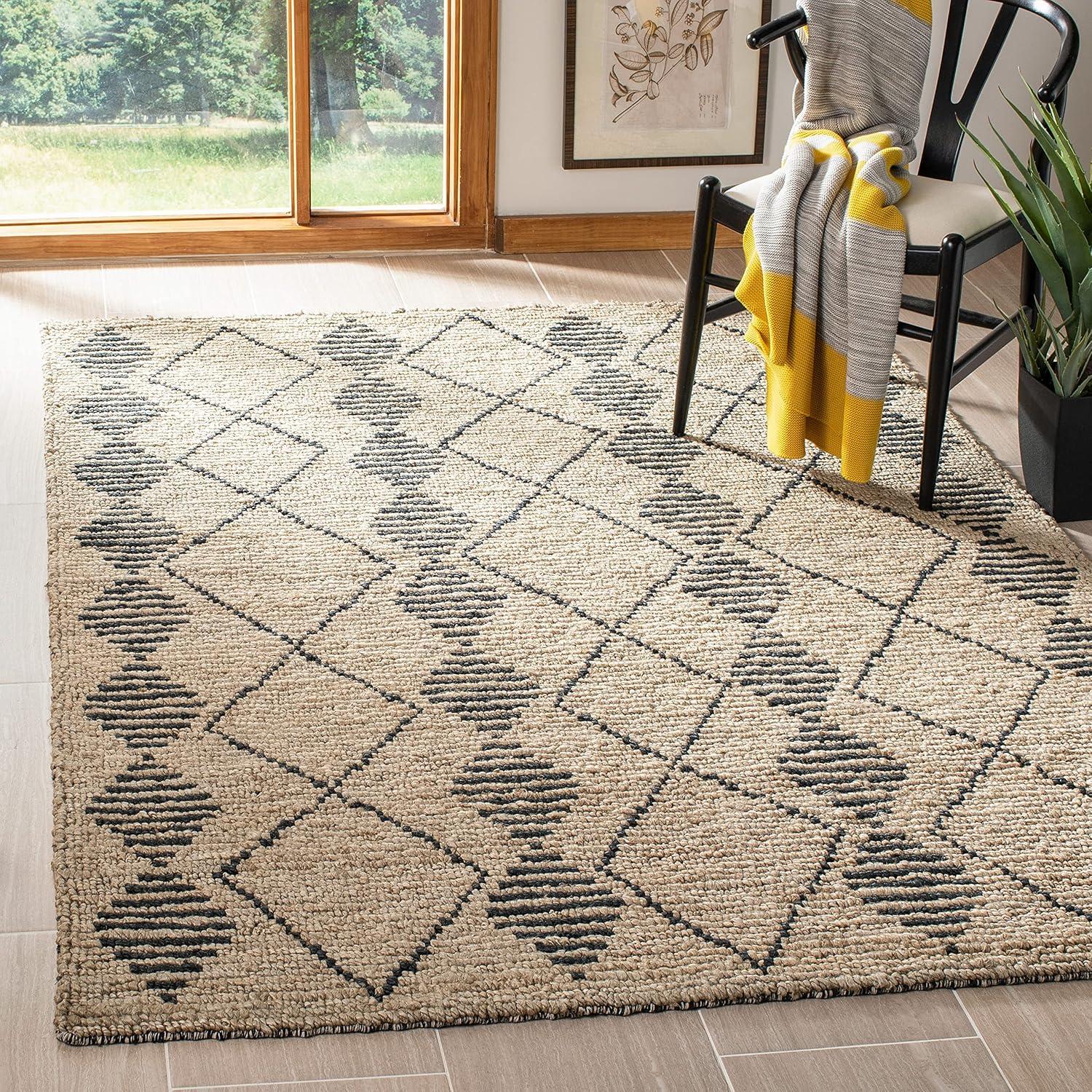 Hand-Knotted Beige and Black Wool Geometric Area Rug