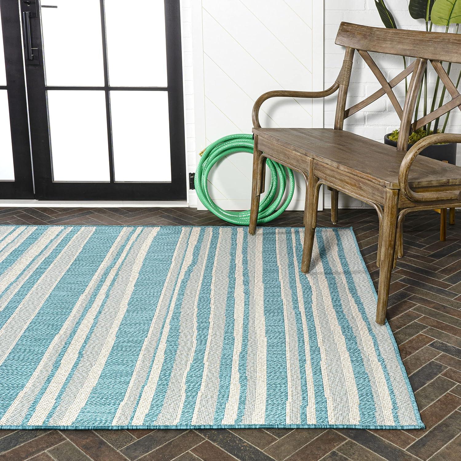 4' x 6' Castara Wavy Stripe Modern Indoor/Outdoor Area Rug, Aqua/Cream - JONATHAN Y