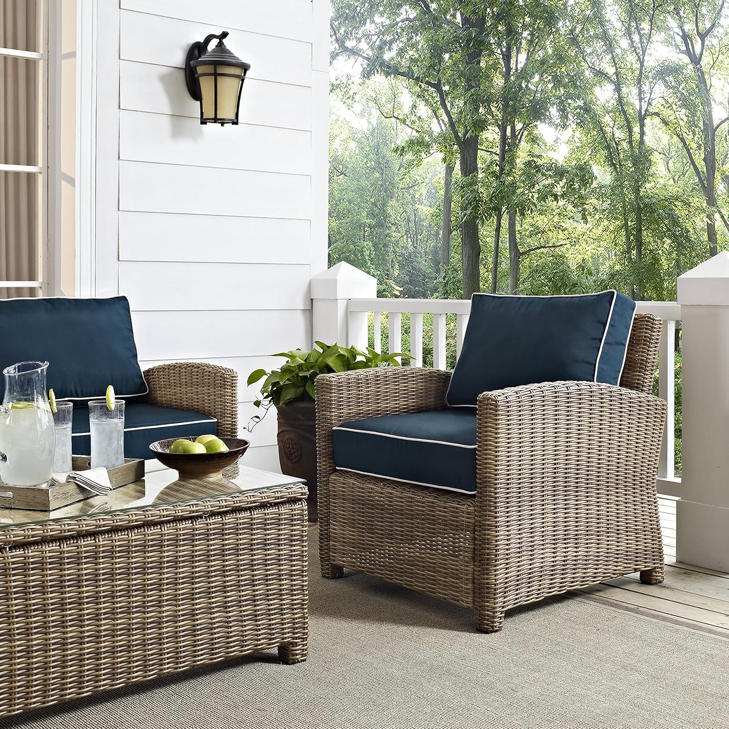 Bradenton Weathered Brown Wicker Armchair with Navy Cushions