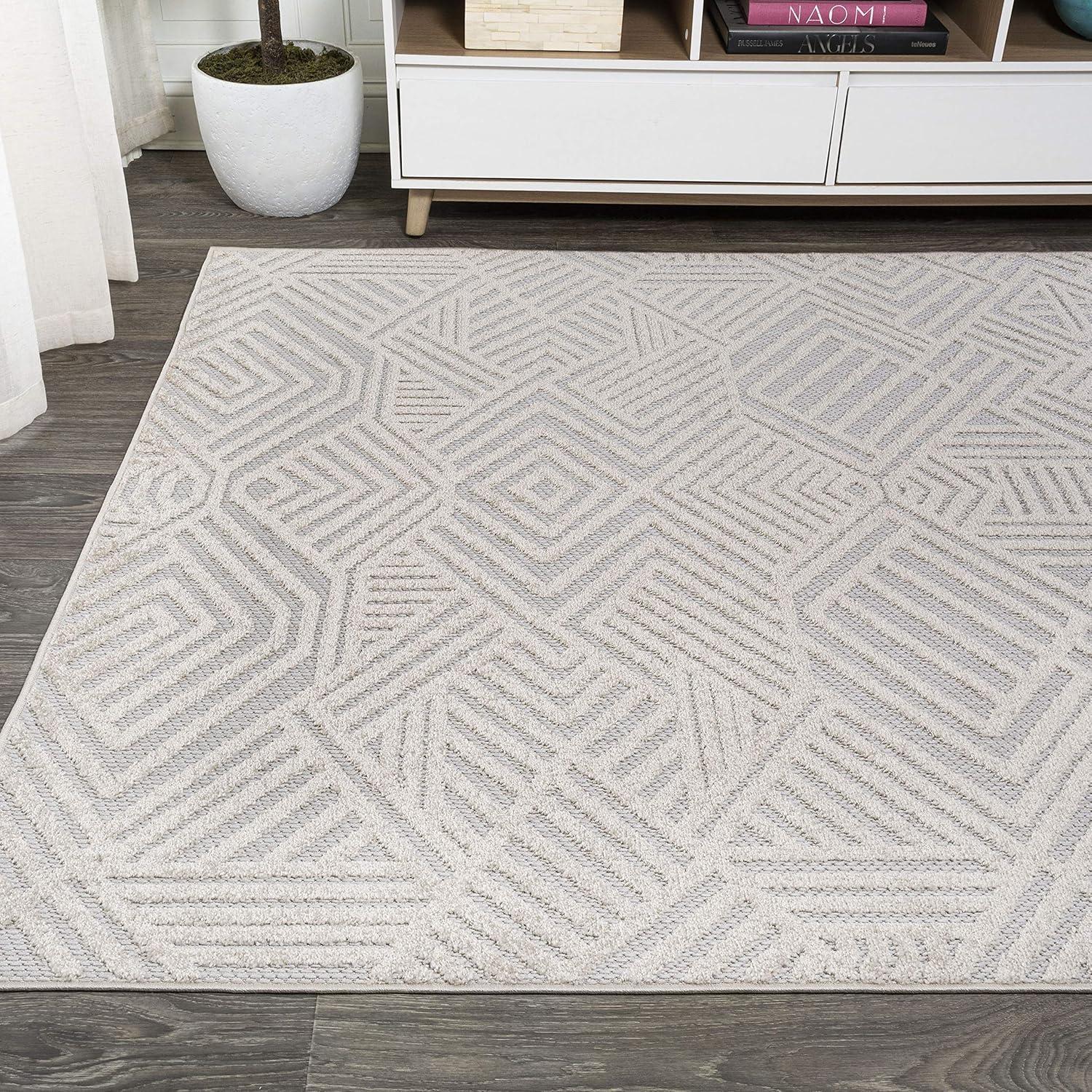 Jordan High-Low Pile Beige Geometric Indoor/Outdoor Area Rug