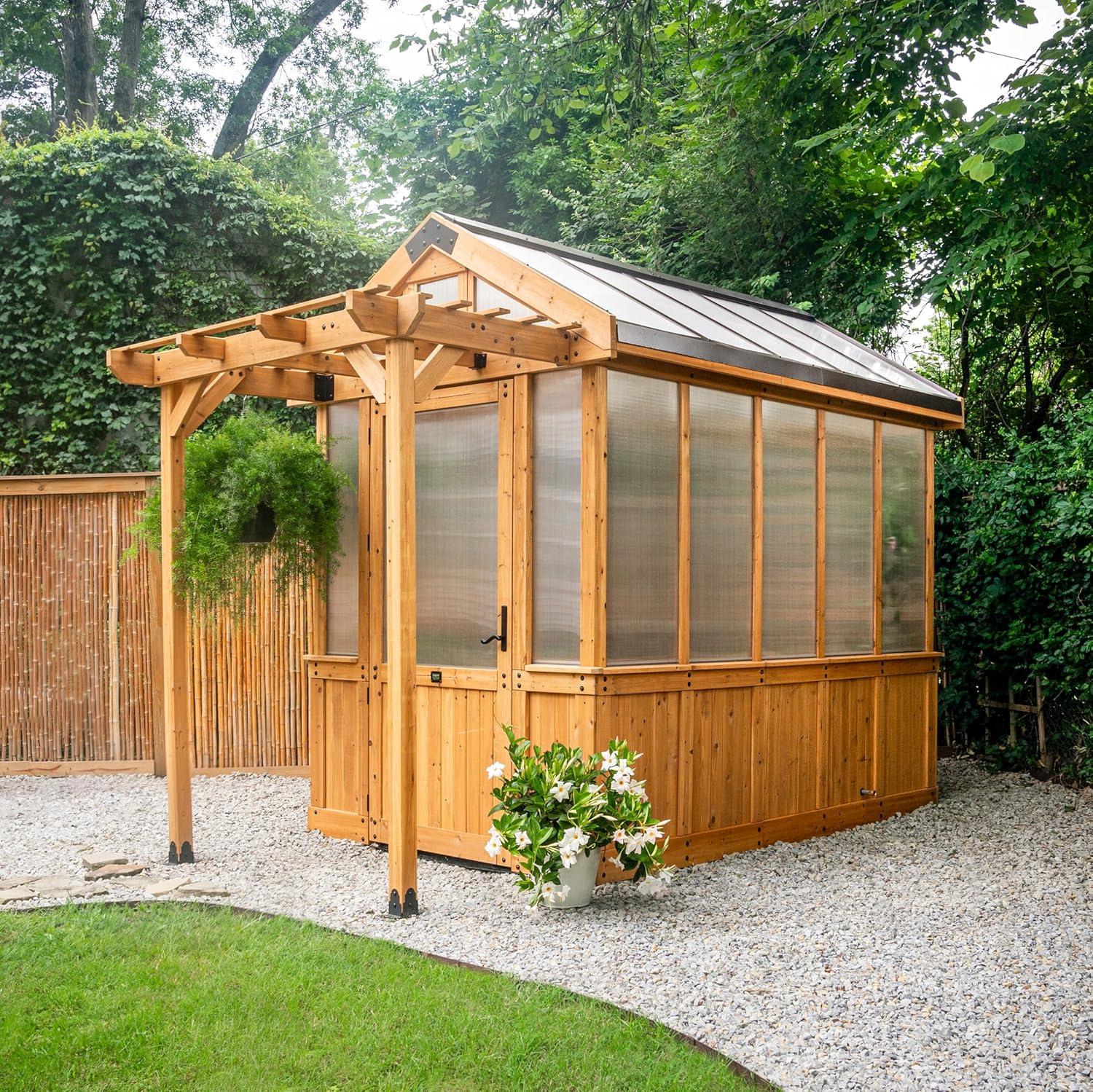 Cedar Wood and Polycarbonate Walk-in Greenhouse with Shelves and Fan