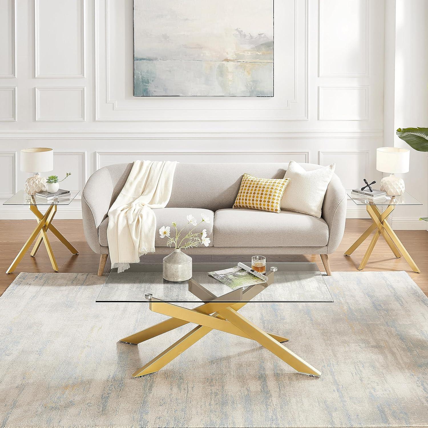 Mercer41 Modern Style Square Side Table with Tempered Glass Top and Metal Tubular Legs