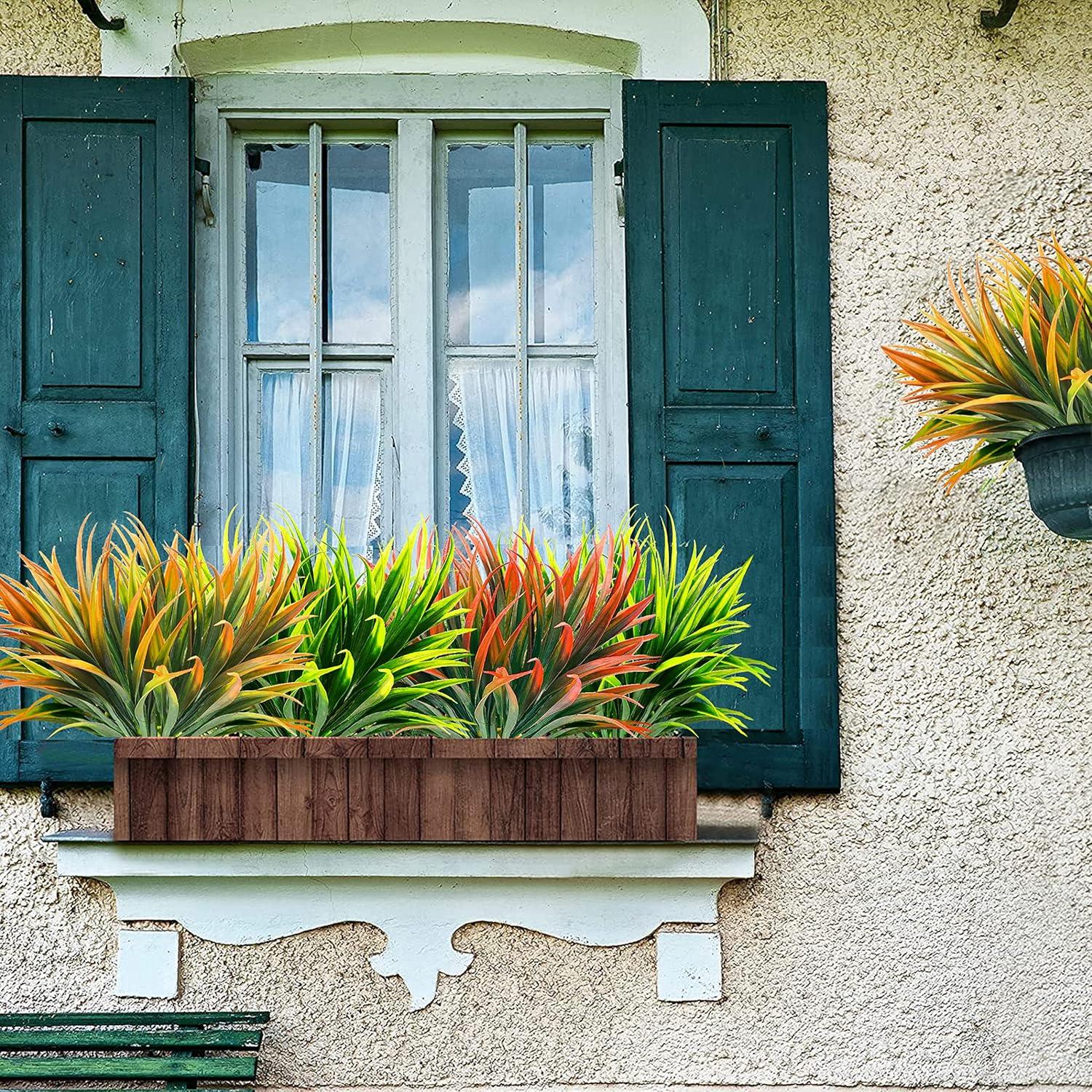 Nvzi 8 Pcs Outdoor Fake Plants UV Resistant Artificial Tall Grass Plants Faux Tropical Flowers Bushes Décor Green