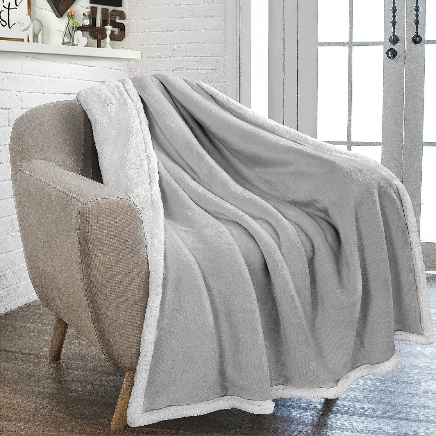 PAVILIA Premium Faux Shearling Fleece Throw Blanket for Bed, Reversible Warm Blanket for Couch Sofa, Light Gray/Throw - 50x60