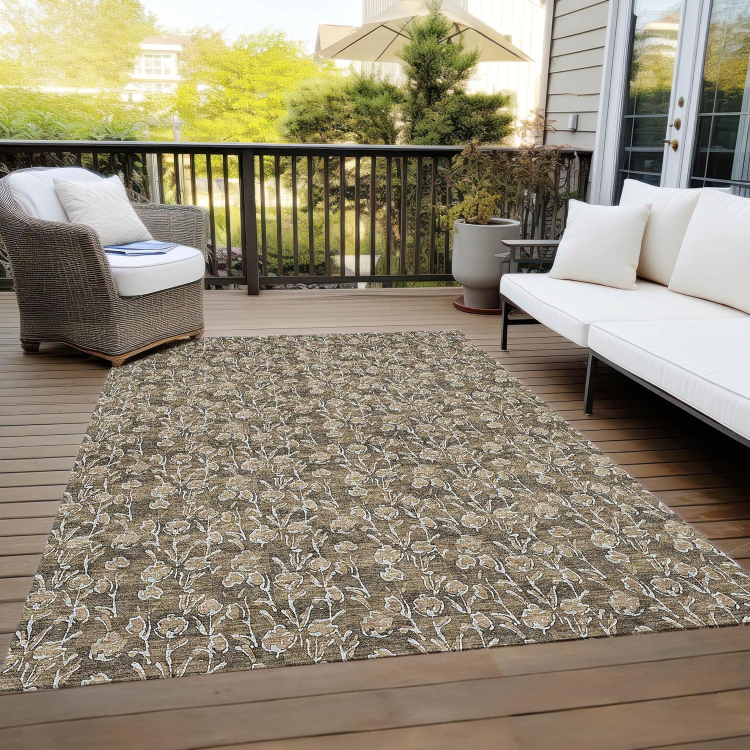 Brown Floral Synthetic 5' x 7' Washable Area Rug