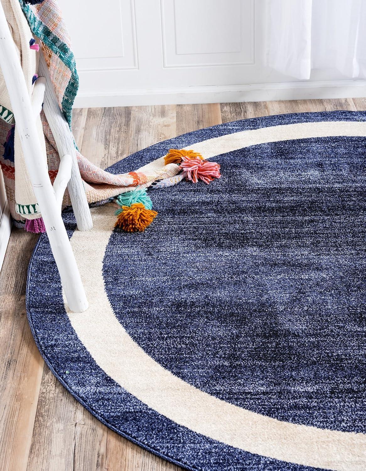 Navy Blue and Ivory Round Tufted Synthetic Area Rug