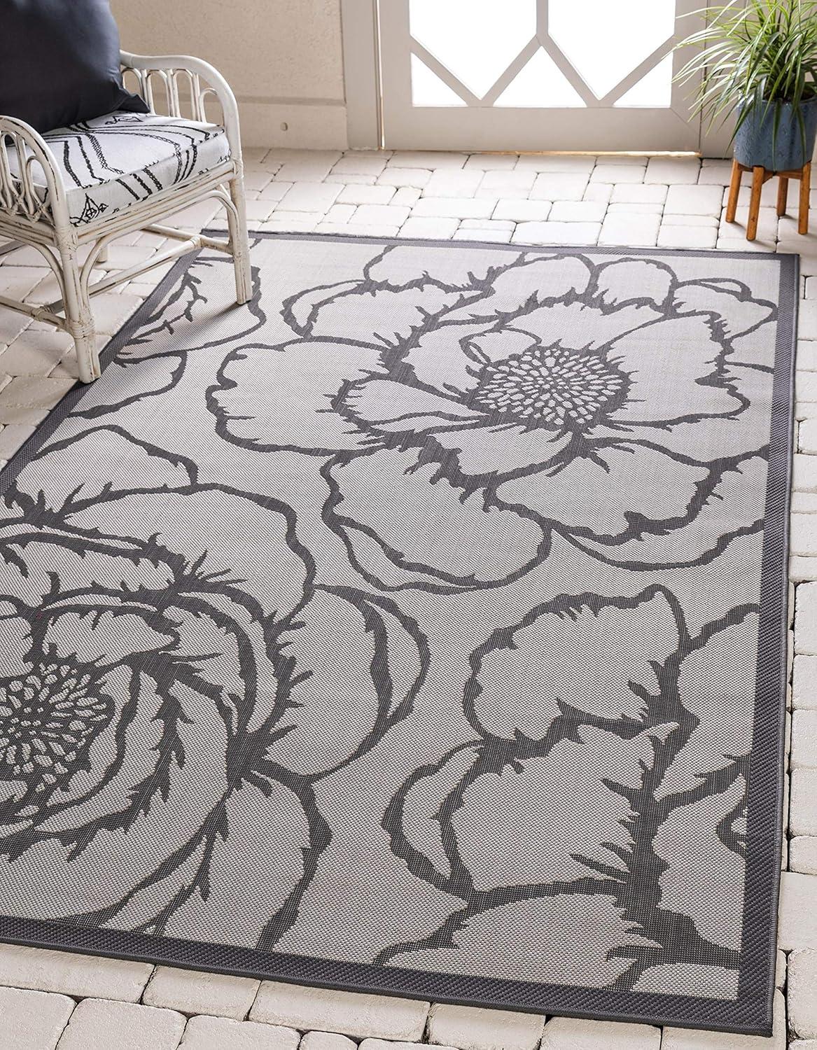 Unique Loom Outdoor Botanical Collection Area Rug - Rose (7' 1" x 10' Rectangle Gray/Silver)