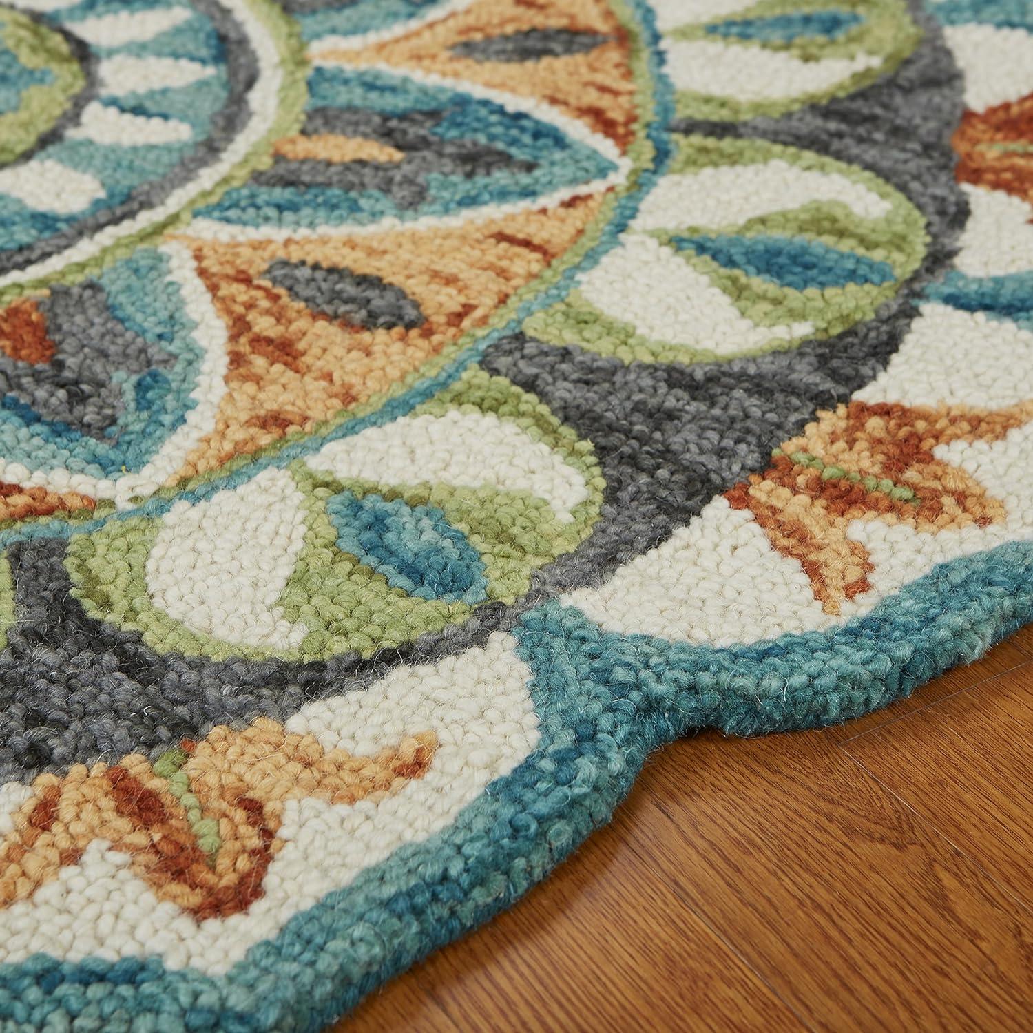 Handmade Floral Medallion Teal & Cream Wool Round Rug, 6' Diameter