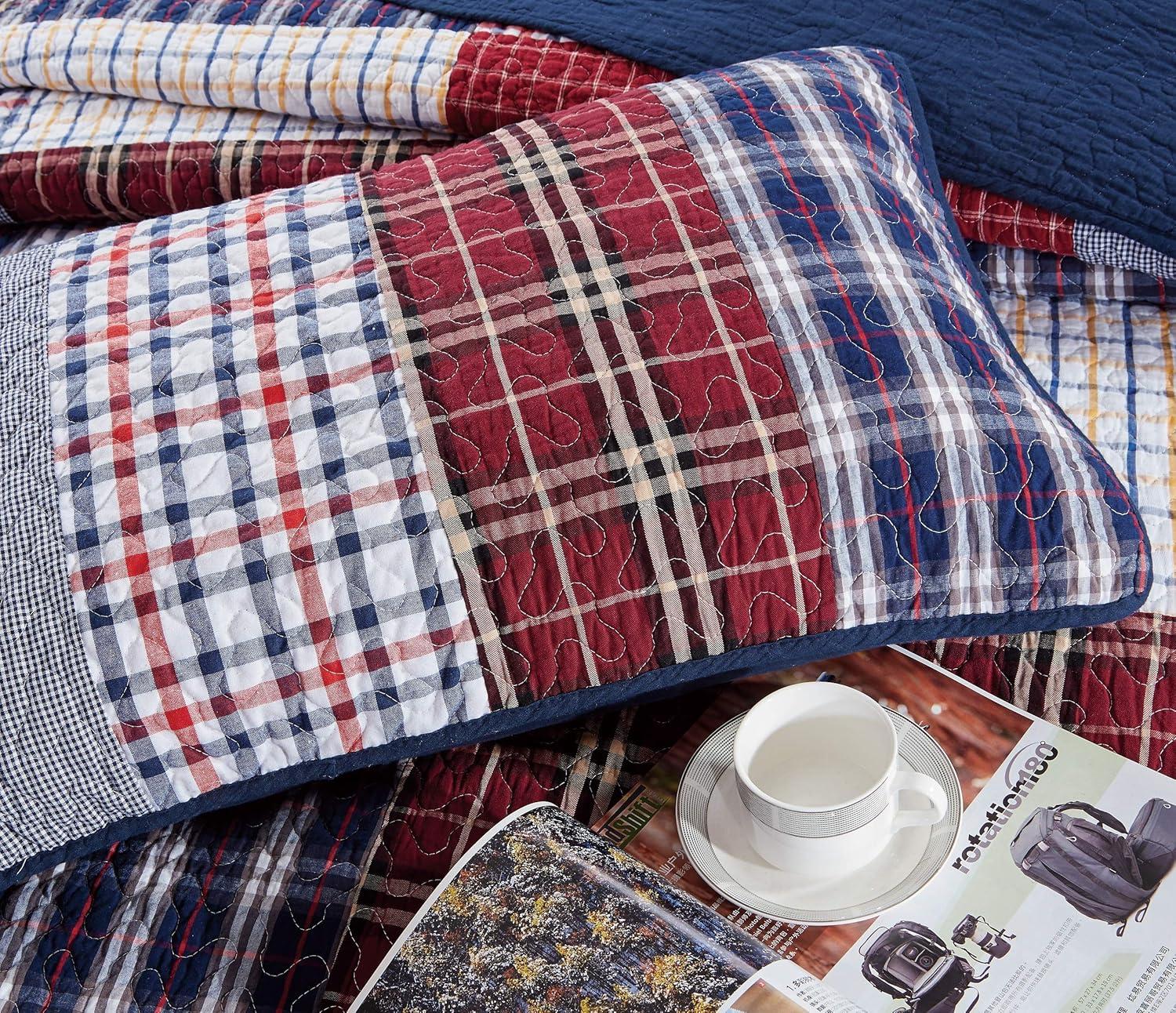 Chezmoi Collection Grizzly 2-Piece Plaid Checkered Patchwork Quilted 100% Soft Cotton Reversible Bedspread Quilt Set