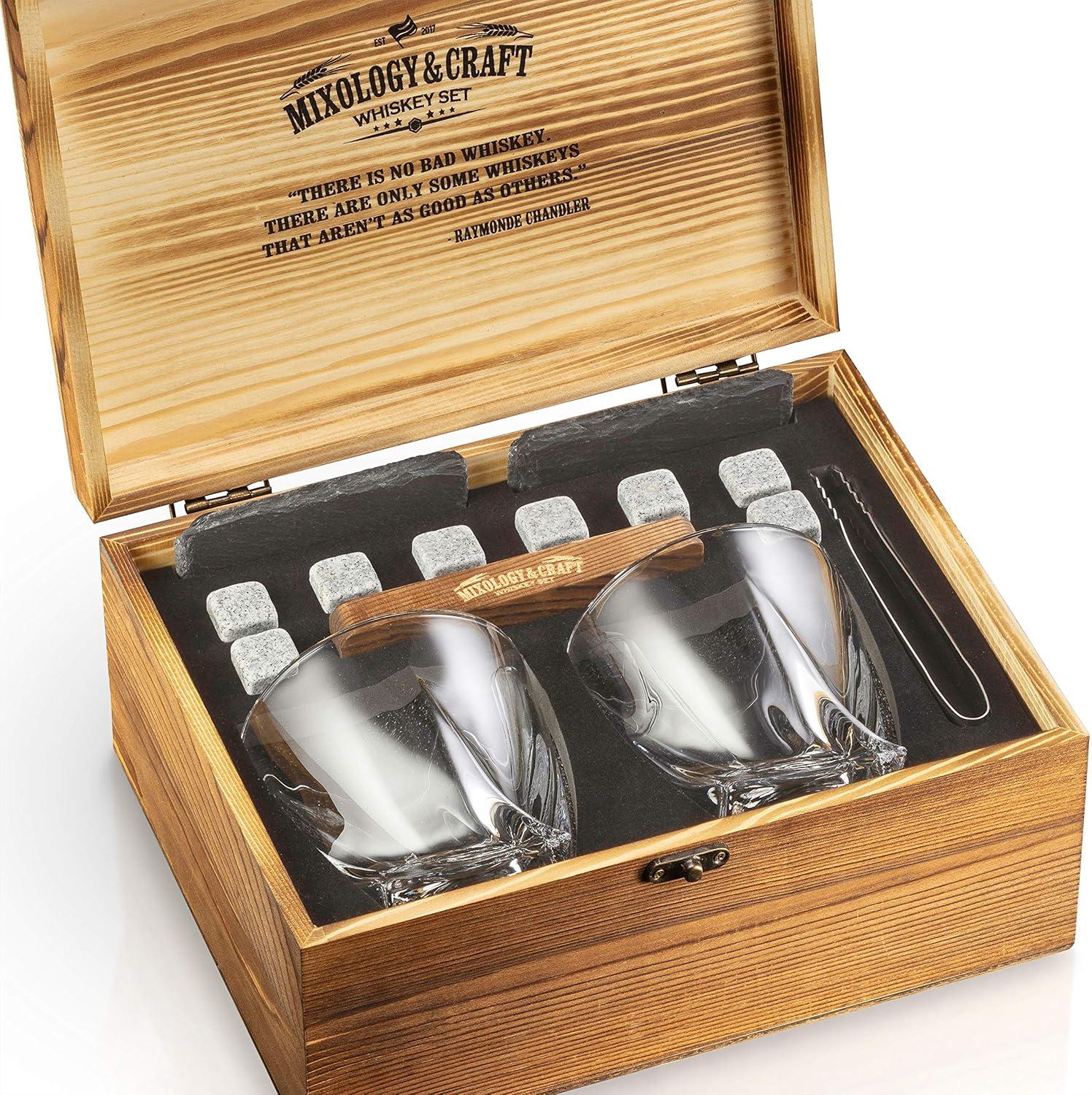 Rustic Wooden Whiskey Gift Set with Granite Stones and Crystal Glasses