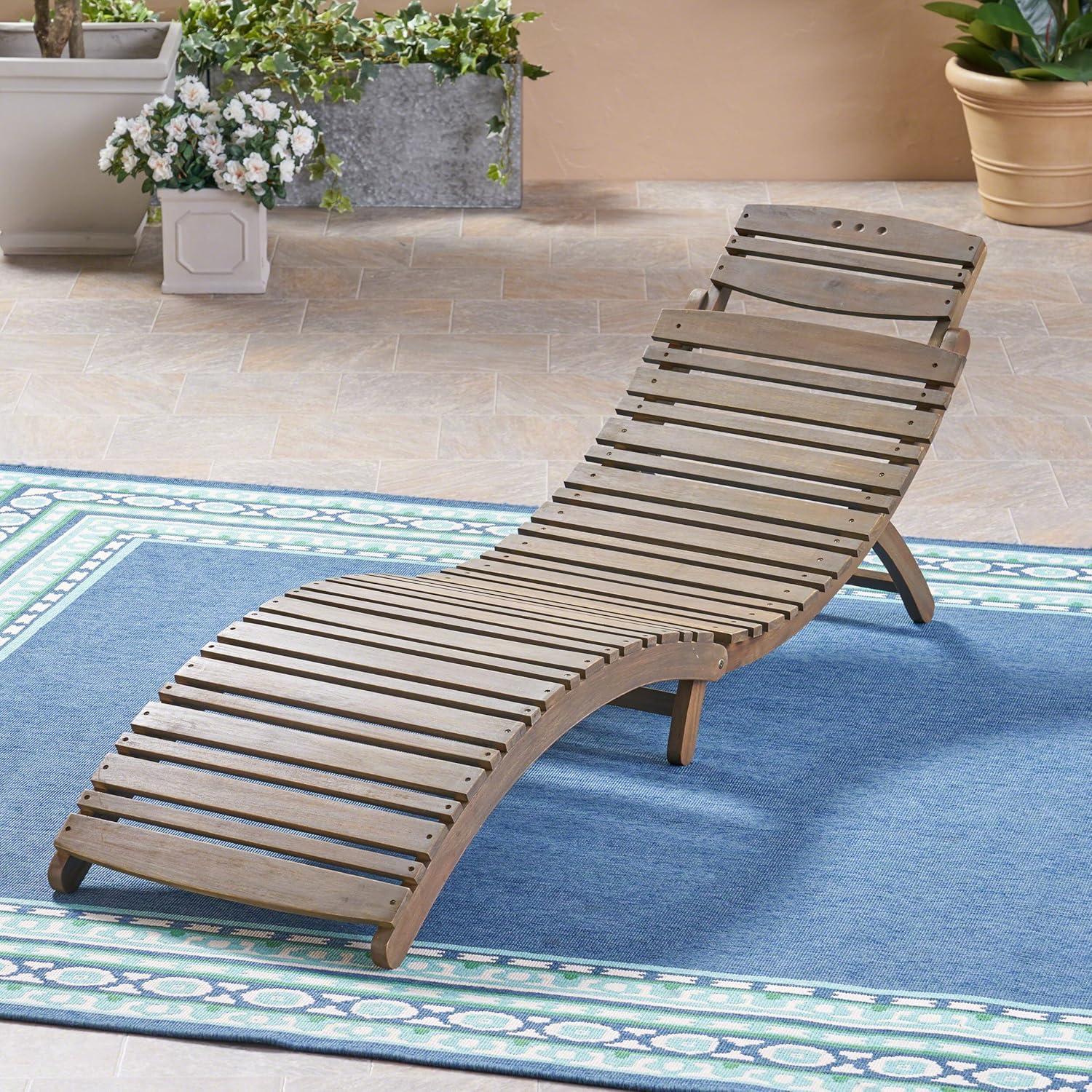 Christopher Knight Home Lisbon Outdoor Acacia Wood Folding Armless Chaise Lounge (Set of 2), Gray
